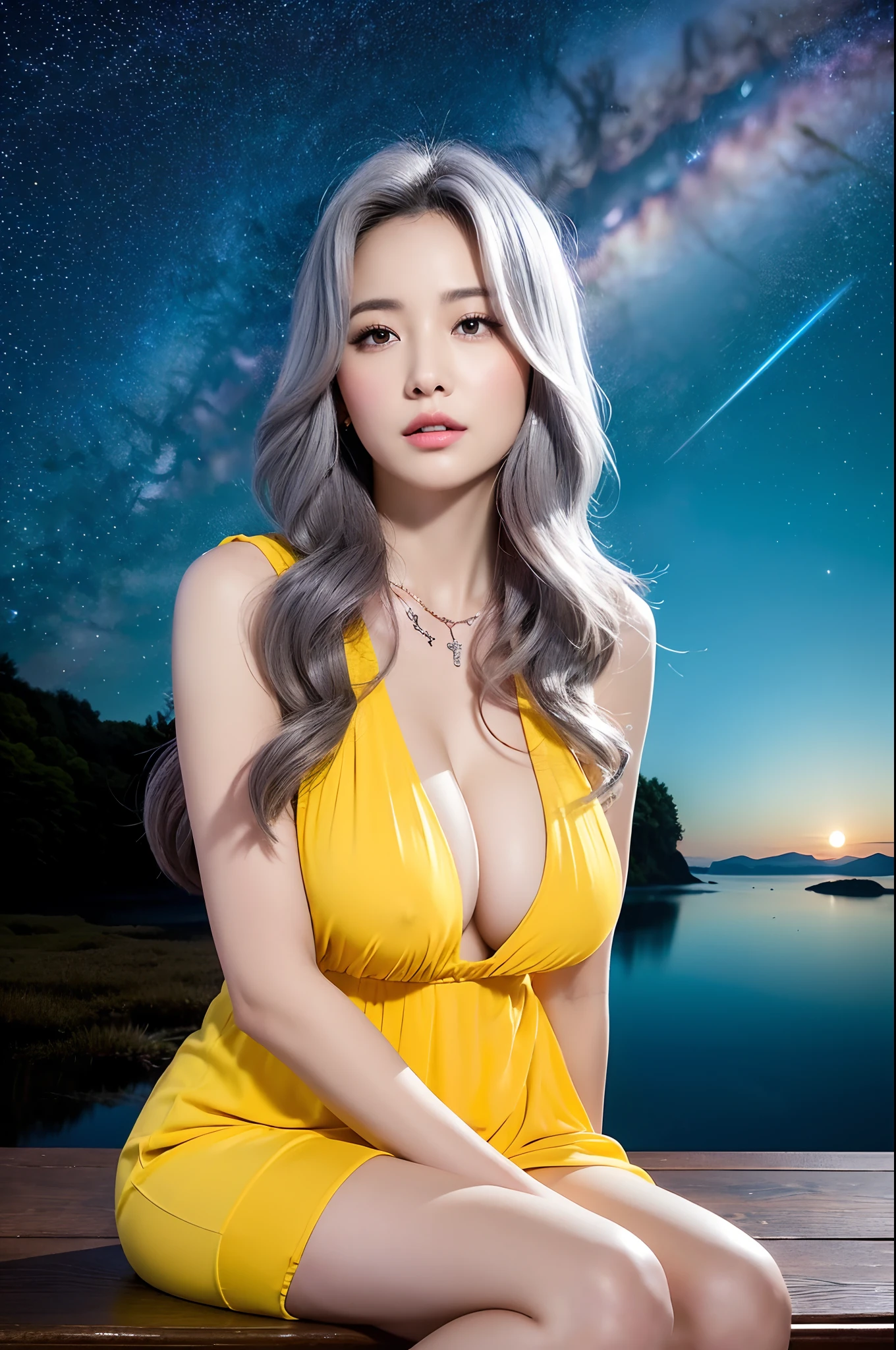 (8K, RAW Photos, of the highest quality, Masterpieces: 1.2)、((a necklace、gyuru、Yellow dress、Red panties、Luxurious dresses、heel、Sit up、cross one's legs)),1 persons、((Angle from a distance、The whole body is reflected:、Head-to-toe angle)), super detailed, Super Resolution, (Realistic, Real Photos: 1.37), Portraits, high resolution RAW color photos, Professional Photos, highly detailed and beautiful, Highly detailed, 8K Picture Wallpaper, Amazing details、Cute beautiful woman with perfect body: 1.4、Slim big: 1.2、Full body image, ((Gray hair:1.2、Longhaire, Colossal tits: 1.2)) 、(High Definition Breast、happy facial expression)、((natta、Beautiful starry sky、Big Moon、Takimae、Women as the main focus))、High-definition face and skin texture、A detailed eye、二重まぶた、Highly detailed and focused chest、Seduce others with your breasts:1.2、Mystical landscape