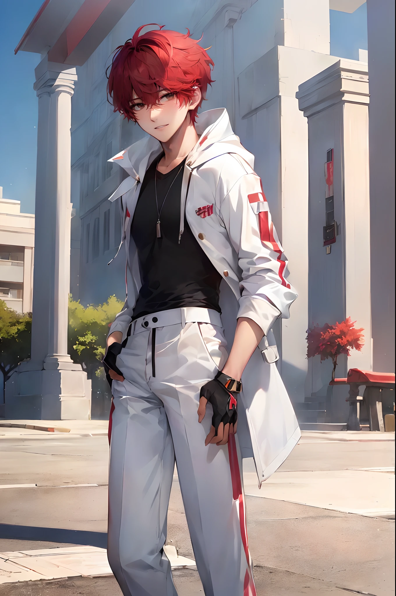 (4K works))、masterpiece、(top-quality)、((Evening city))、((In front of the main gate of the workplace))、((In front of the main gate of the building))、View of the sunset、Korean Male、Adult male、((Adult male 26 years old))、((Face similar to Hyun Jin))、Cool Men、tall、((Gentle smile))、((Strong eyes))、((Wearing a black T-shirt and a white hooded jacket、Wearing long white pants))、((smaller face))、Slim body、((hooligan))、((rather short hair of bright red color,))、((rather short hairstyle above the ears,))、((Pretty short punk hairstyles))、((Black eyes))、((shot from front))、((Shot alone))、((Solo Photography))、((He came to pick me up))、((He stands in front of the main gate of the building))