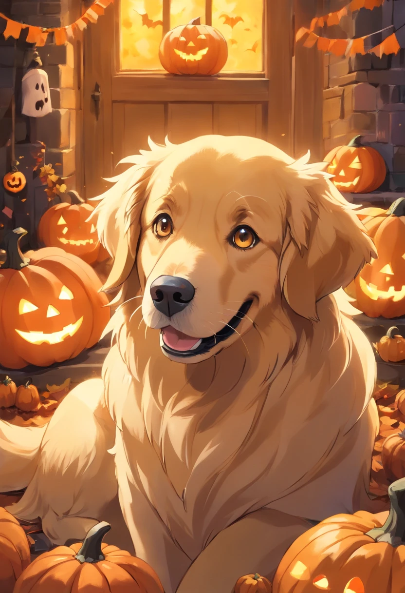 (a Golden Retriever wearing Halloween costumes),oil painting,detailed fur texture,expressive eyes and facial features,festive background,playful and mischievous pose,(best quality,high-res,detailed:1.2),(realistic,photorealistic:1.37),colorful palette,pumpkins and bats decorations,soft and warm lighting