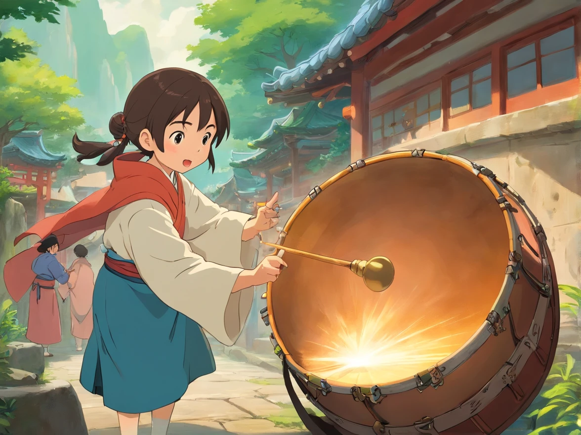 The grandmother continued to tell the origin and tradition of copper drum culture。The grandmother used gestures to tell the scene of the ancient Zhuang people using copper drums to fight against hostile forces