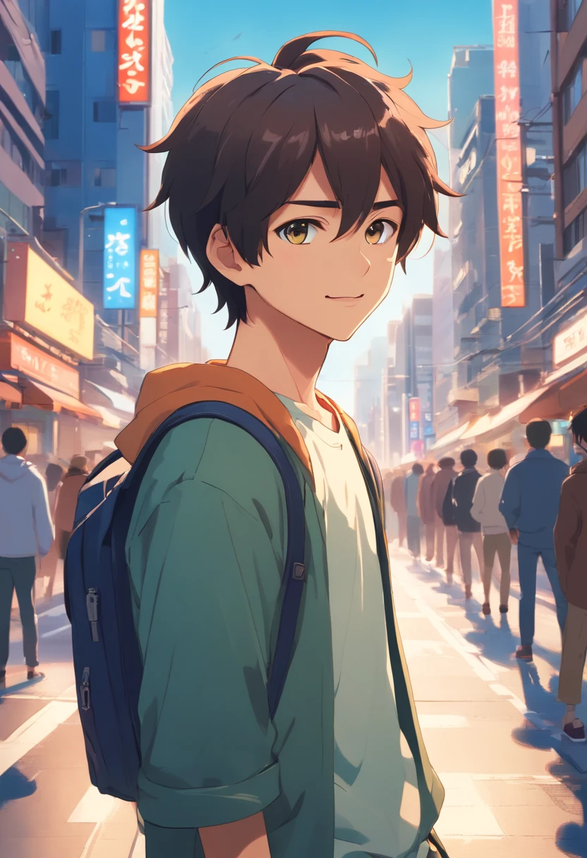 A boy, transformed into an anime style, with exaggerated unique facial features and clothing, standing on a bustling city street, backlit background highlighting the subject, high-contrast colors, 4K high-definition quality，young, smiling, handsome