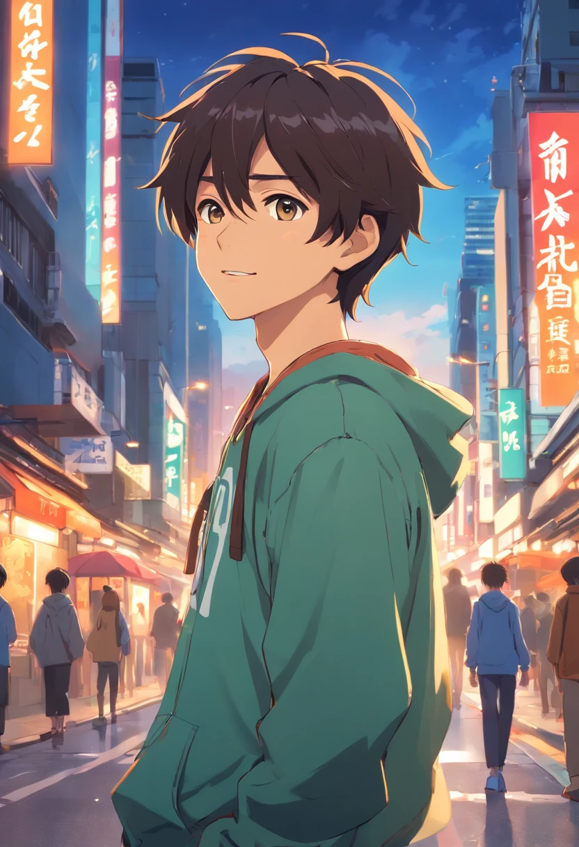 A boy, transformed into an anime style, with exaggerated unique facial features and clothing, standing on a bustling city street, backlit background highlighting the subject, high-contrast colors, 4K high-definition quality,young, smiling, handsome