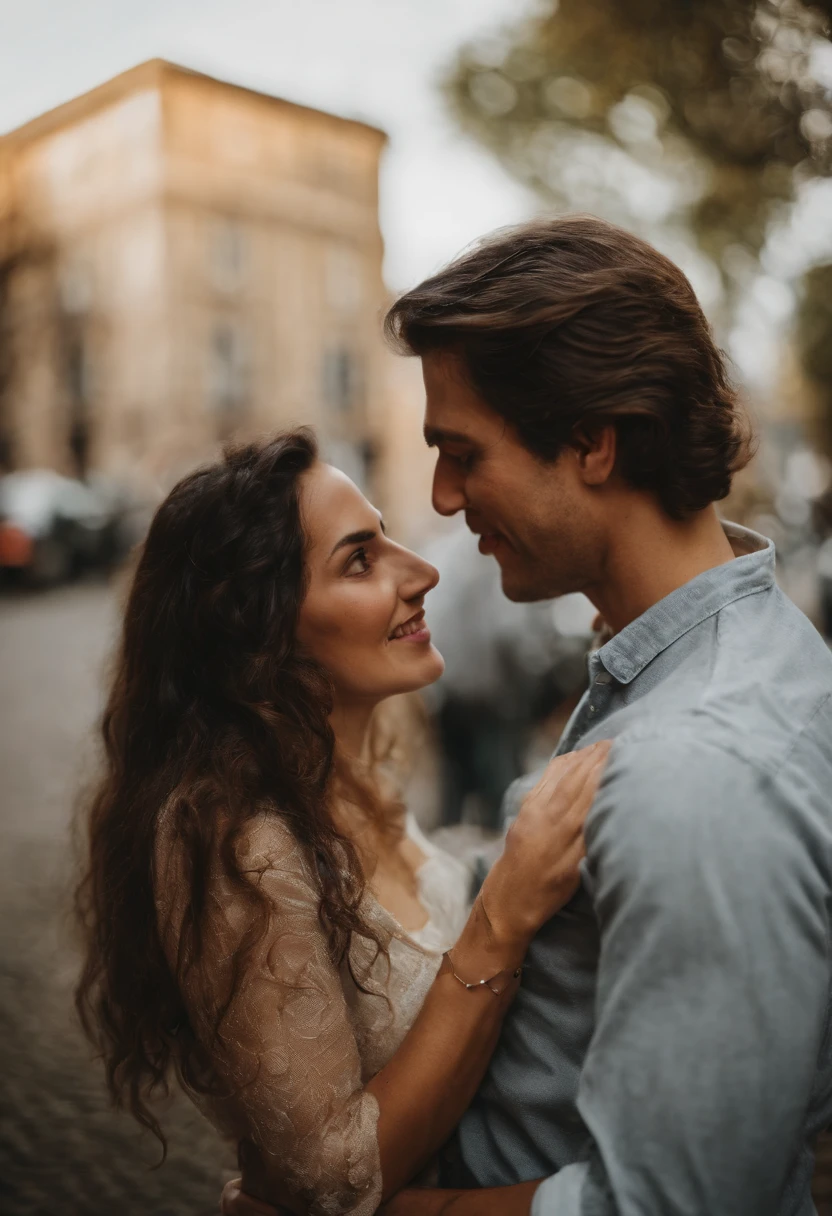 "A passionate black-gray-haired young man passionately kissing an American young woman, intense kiss, closeness, love at first sight, (best quality, high-res, vivid colors:1.2), (romantic, passionate:1.1) portrait, close-up, warm lighting"