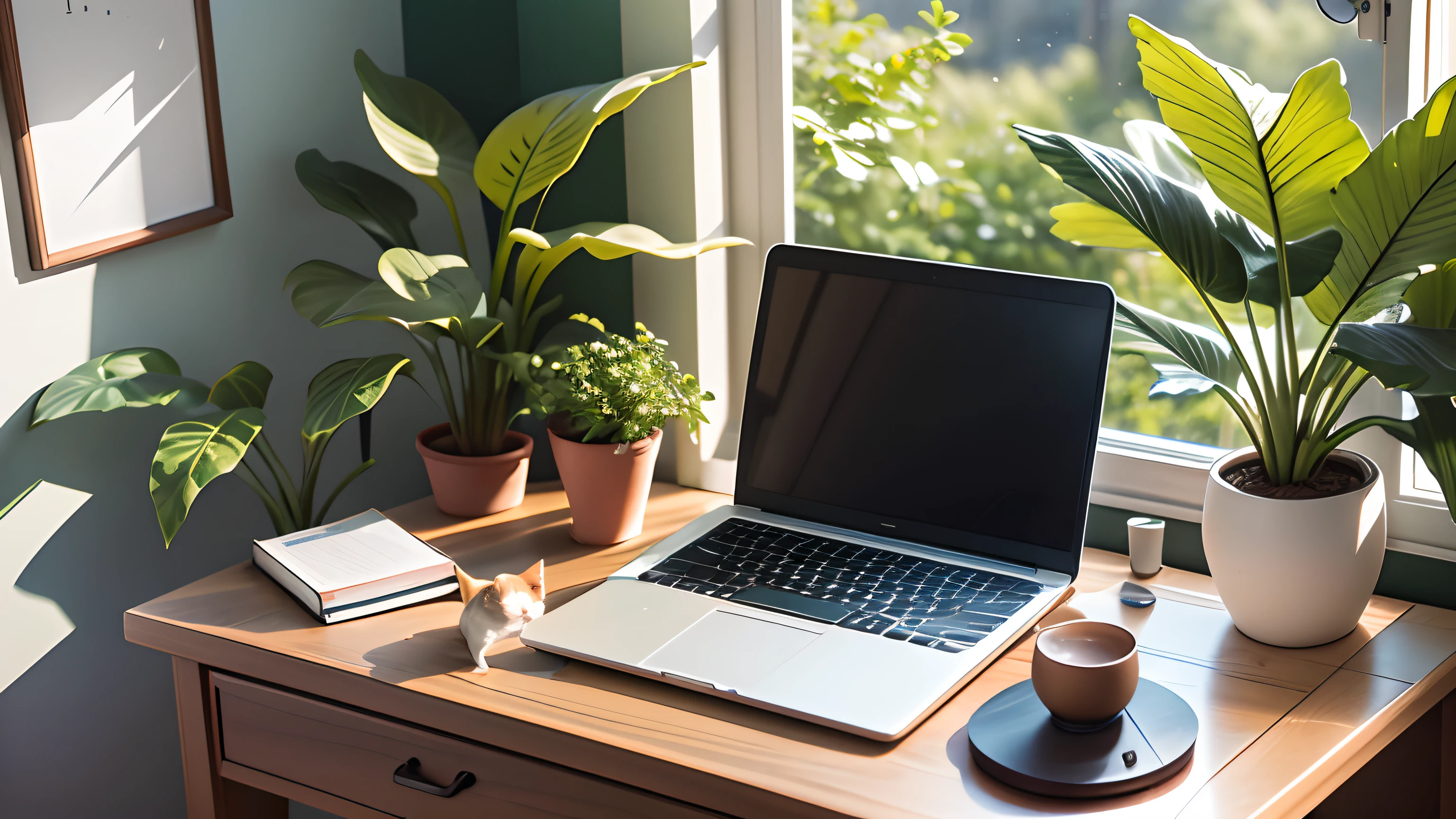 A luminous workspace adorned with a height-adjustable desk featuring a dark walnut top and sleek white legs, accompanied by a verdant potted plant and state-of-the-art laptop computer, all while being graced by the presence of an elegant feline companion, Real scene, photo, filming, UHD,