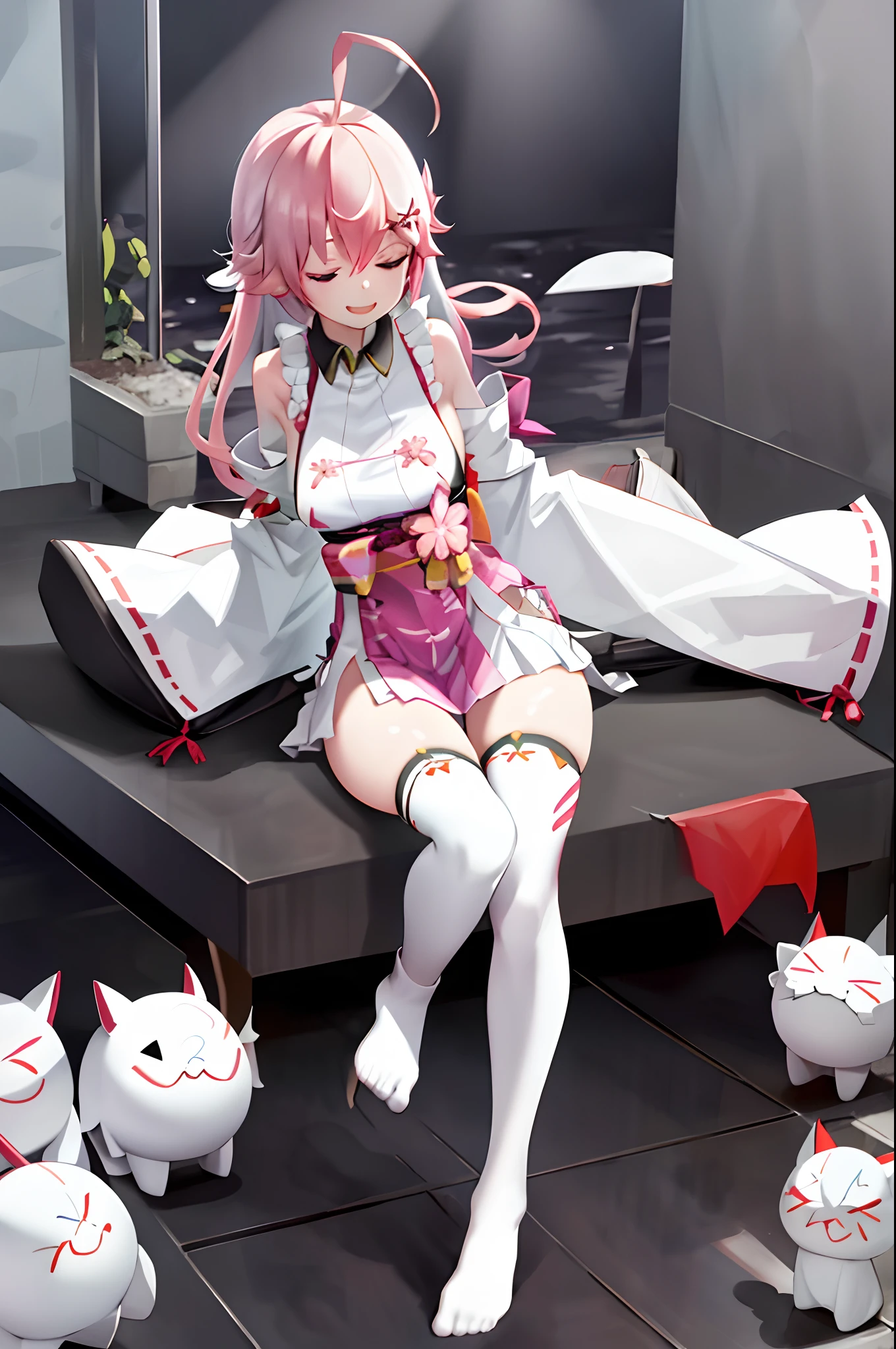 masterpiece, best quality, highres, miko1, sakura_miko, 1girl, big_boobs, solo, ahoge, x_hair_ornament, pink_hair, floral print, hairclip,(side_less_clothes:1.5), (side_boobs:1.5), hair_bell, floral print, long_hair, hair between eyes, one side up, white thighhighs, asymmetrical legwear, wide sleeves, open_mouth,(happy:1.3),close_eyes,big_smile,(raise_leg:1.3),plump,apart_legs,(overly_long_sleeves:1.3),),sleeves_past_wrists,hands_hidden_sleeves,sidelock_clothes,dynamic_posing,solo,hidden_wrists,(XD:1.5),covered_nipples,nsfw,plump,sunlight,(bare_flank:1.3)