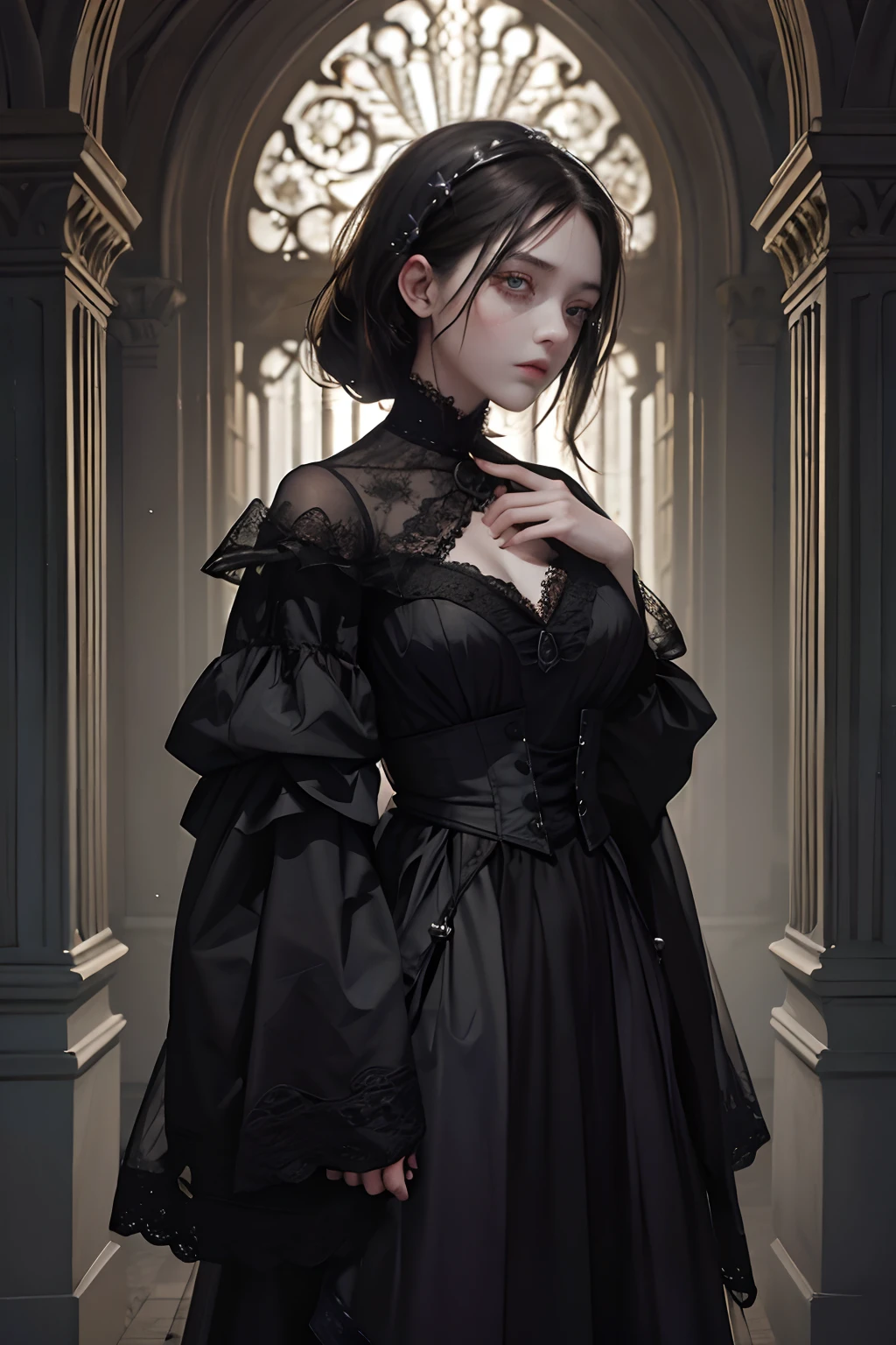 Official Art, Unity 8k wallpaper, super detailed, beautiful, beautiful, masterpiece, best quality, darkness, atmosphere, mystery, romanticism, creepy, literature, art, fashion, victorian, decoration, intricacies, ironwork, lace, contemplation, emotional depth, supernatural, 1 girl, solo, neck, mid body composition, (very pale skin:1.1), dark bags under her eyes, (bags under eyes:1.6)