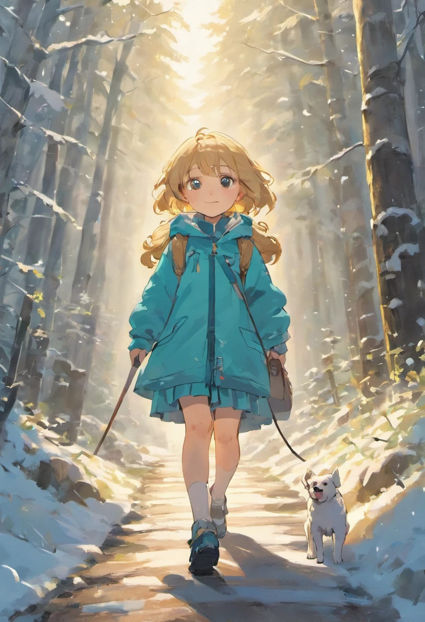 8--old l, Clear facial features, Happy and Golden Retriever, Walking along the mountain trails, There was snow on the road, UHD, high quality, 8k, 16k, HD, 16k