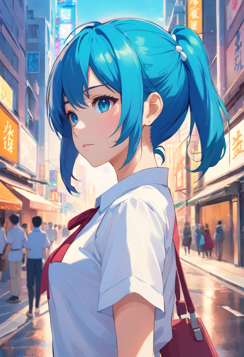 Blue color color hair,High ponytail bow,blue color eyes,White color blouse,Beth,A bustling city street,Deep green eyes,diamond-shaped pupils,Look back at you,