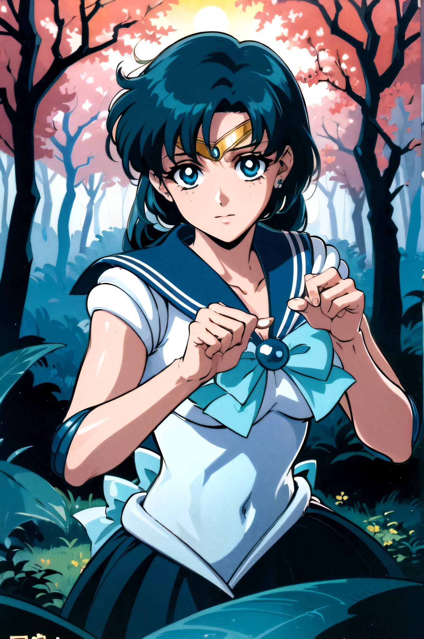 (top-quality:1.3), (​masterpiece:1.4),(Anatomically correct), (Full limbs),(complete fingers),(Precise fingertips), (Fine details),(8K),Sailor Moon!!!!!!!!, Sailor Moon Style,by Sailor Moon, Sailor Senshi Uniform,(Sailor Mercury:1.25),aqua eyes, Dark green hair, Middle hair, Photorealista:1.37,((Magical Dark Forest :1.2))at the sunset, with ((Strong dark shadows recommended for the scene:1.2)), Golden flowers ,((glowing butterflies )), Beautiful magic style, Golden Water Reflection,Fierce, Concept art, Digital Painting."