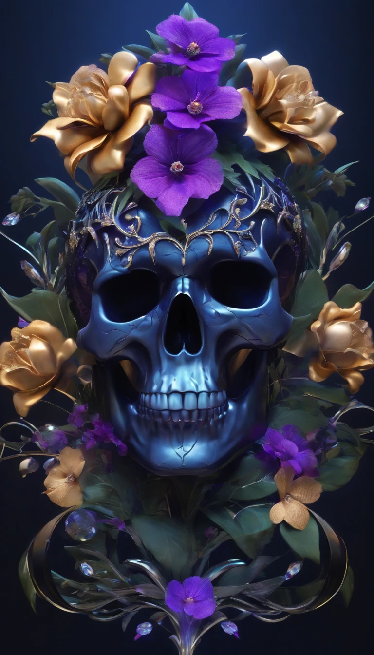 a futuristic skull with glowing eyes and a purple background,skull head made up of crystal and jewels,Flowers and leaves,branch,A crystal skull with crystal clarity,bloomcore skull with flowers,afrofuturism head,Art nouveau Transparent skull human head,cosmos,decopunk,cyberpunk pearls and jewels art by android jones, behance contest winner, computer art, darksynth vaporwave, rendered in cinema 4 d,fine art photography