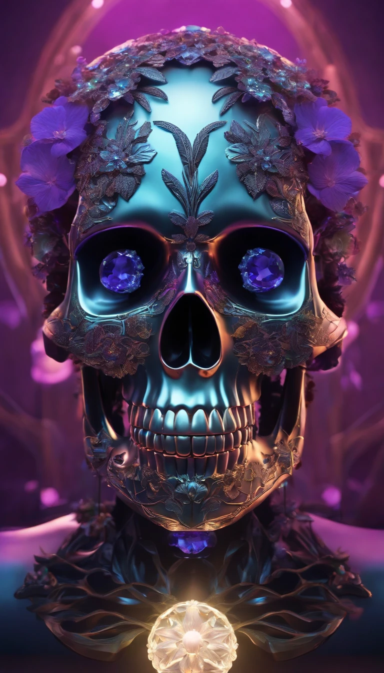 a futuristic skull with glowing eyes and a purple background,skull head made up of crystal and jewels,Flowers and leaves,branch,A crystal skull with crystal clarity,bloomcore skull with flowers,afrofuturism head,Art nouveau Transparent skull human head,cosmos,decopunk,cyberpunk pearls and jewels art by android jones, behance contest winner, computer art, darksynth vaporwave, rendered in cinema 4 d,fine art photography