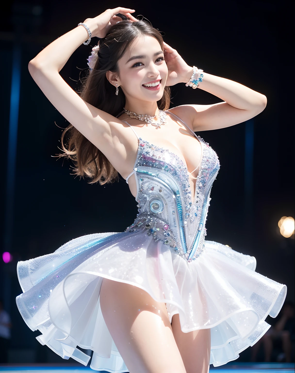 ((1 beautiful girl,Half Japan and half Spanish,skating rink,Figure skater,Glide down the skating rink,Graceful pose,Inabauer,Graceful pose like ballet,Glide dynamically,Biggest smile with perfect camera gaze、Elegant and beautiful outfits))、((Phenomenally cute,large full breasts,From the knee up,,de pele branca,Clean teeth with glowing skin,perfect teeth,White teeth,finerly detailed face,Quality and beautiful face,Clear and beautiful face,Perfect smile,Perfect fingers,Perfect hands,Accurate 5 fingers)),((Elegant décor,Diamond Decoration,artistic décor,Rainbow Costume、Jeweled,Use large amounts of jewelry,Luxurious necklace,Luxury beyond imagination,The most gorgeous decorations in the world)),((Intricately sparkling detail crystals,Beautiful and fantastic crystals,The background is a skating rink,Audience seats in the background,Beautiful skating rink,Highly detailed and realistic backgrounds)),((high-definition RAW color photography, professional photograpy, extremely delicate and beautiful, Extremely detailed,finely detail, Huge file size,Top image quality,8K,Photos taken with a single-lens reflex camera))