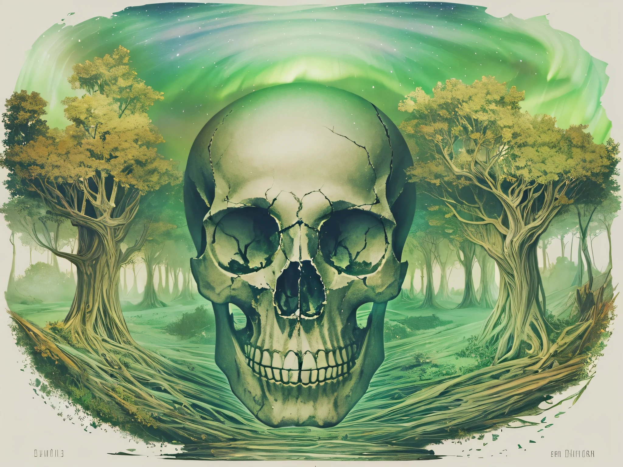Aurora skull diagram, Below is a forest, Look at the sky