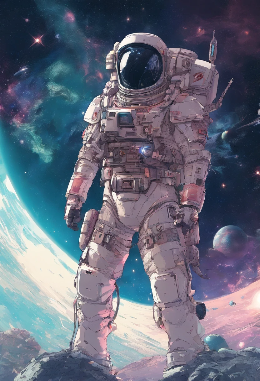 Anime-Typ, der auf dem Boden sitzt und den Planeten betrachtet, Weltraum-Cowboy, Cyber-Weltraum-Cowboy, inspiriert von Josan Gonzalez, Makoto Shinkai ( Apex-Legenden ), Akira Kunststil, Ross Tran Stil, Akira-Vibes, Akira-Kunststil, schwebend neben Planeten, Josan Gonzales, Sci-Fi-Kunst!!!!!!!, Josan Gonzales!!!, im Weltraum, Moderner Sci-Fi-Anime