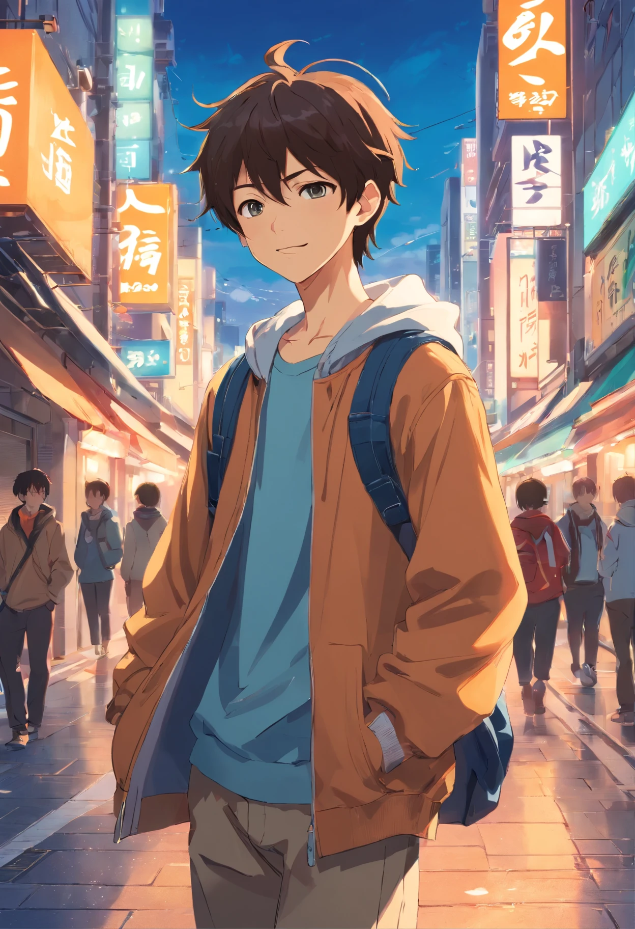 A boy, transformed into an anime style, with exaggerated unique facial features and clothing, standing on a bustling city street, backlit background highlighting the subject, high-contrast colors, 4K high-definition quality,young, smiling, handsome