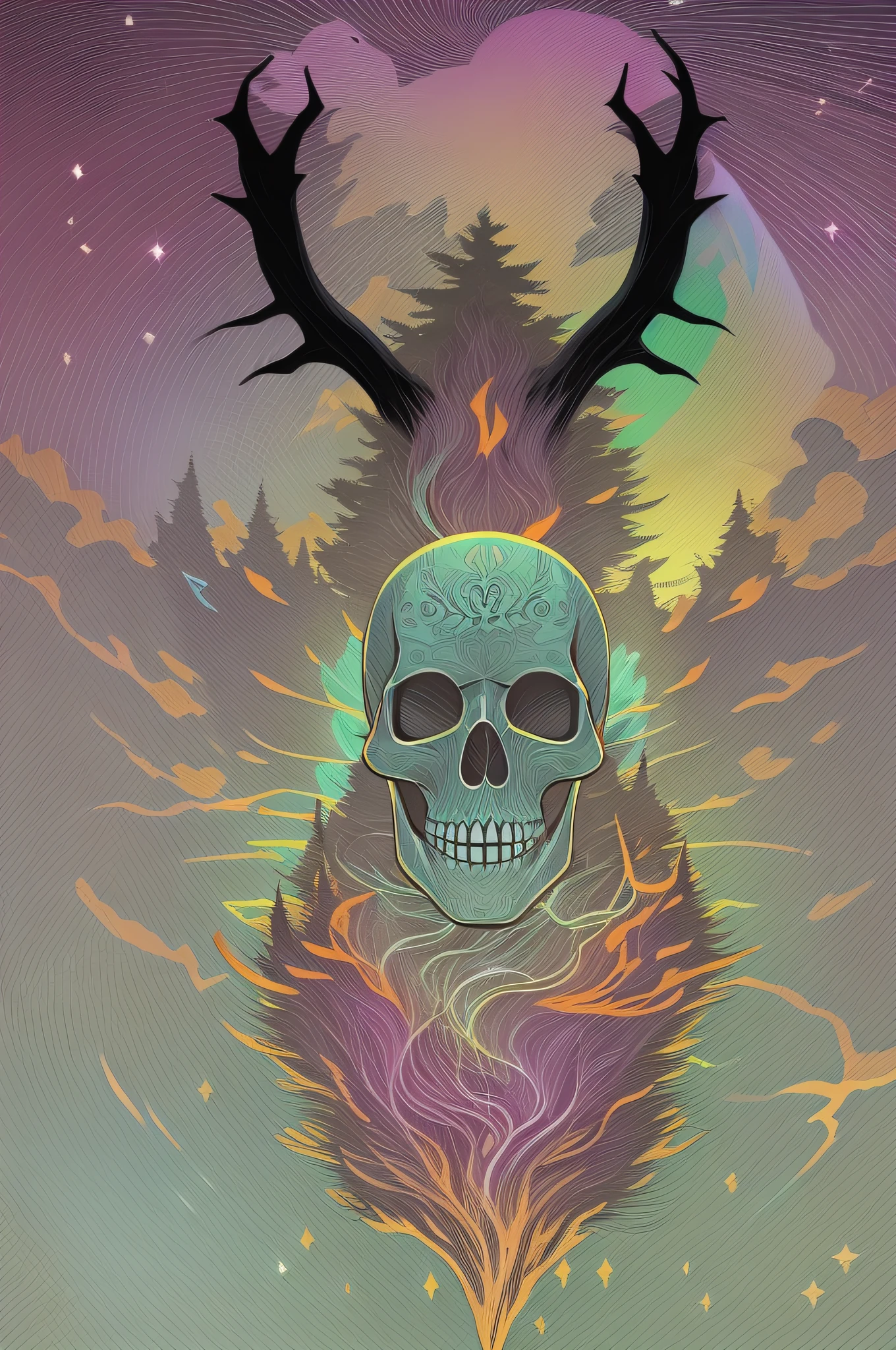 Aurora skull diagram, Below is a forest, Look at the sky,brilliant colorful!colorful