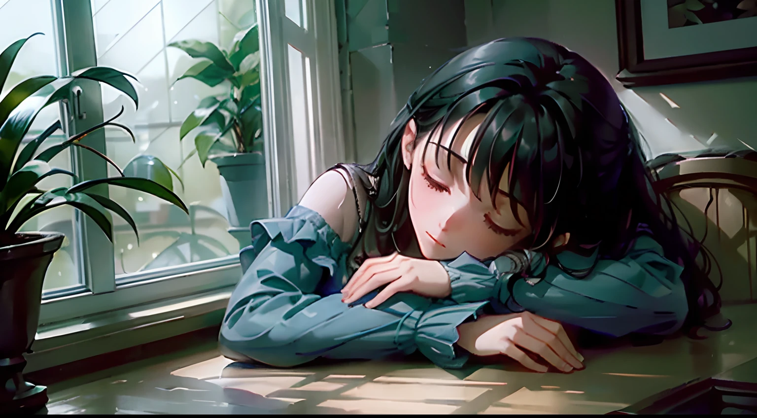 Girl sleeping on the windowsill　Prone　A dark-haired　Composition seen from outside the window　Indoor houseplants　It's raining outside