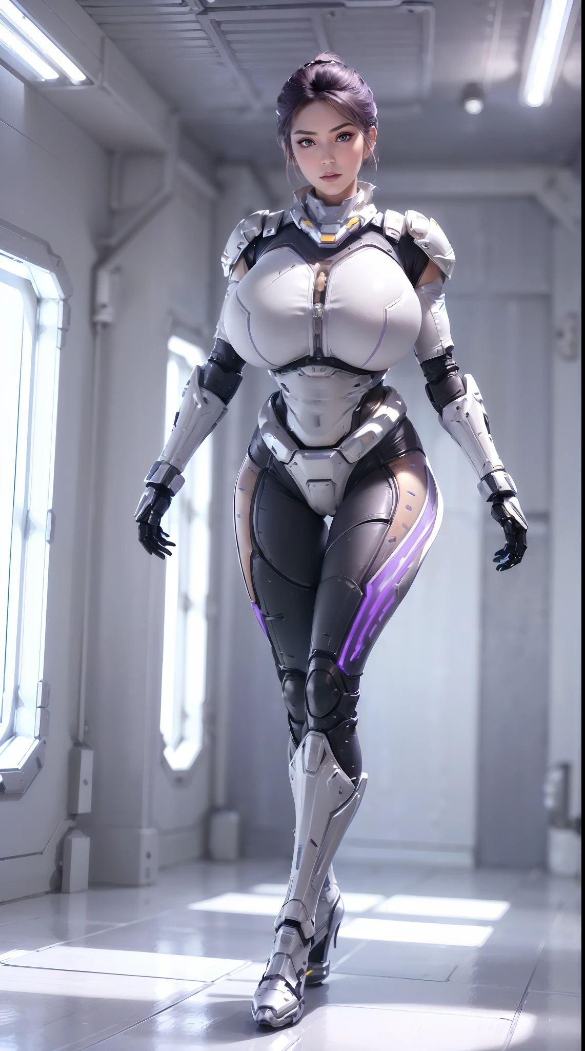 (Devouring the Starry Sky - Zhao Ruo), (1GIRL,SOLO:2), (super detailed face), ((BIG BUTTOCKS, HUGE FAKE BREASTS:1.5)), (CLEAVAGE TOP:1.5), (11 LINE ABS FEMALE:1.4), (MECHA GUARD ARM:1.4), ((WEAR PURPLE WHITE OVERWATCH MECHANICAL ARMOR CROP TOP, BLACK MECHANICAL SKINTIGHT SUIT PANTS, MECHA GUARD ARMOR LEGS, HIGH HEELS:1.5)), (LEWD VOLUPTUOUS BODY:1.3), (GLOWING SKIN:0.8), (LONG LEGS, FULL BODY:1.1), (LOOKING AT VIEWER:1.3), (female focus:0.886), (WALKING DOWN HALLWAY OF FUTURISTIC SPACE STATION:1), (BRIGHT LIGHT WHITE_ROOM:1.3), SUPER TEXTURE, UNREAL ENGINE RENDER, PHYSICALLY-BASED RENDERING, ULTRA HIGHT DEFINITION, 16K, 1080P.
