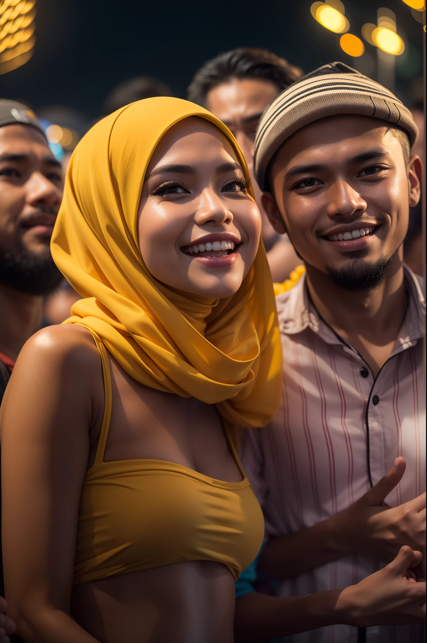 Portrait photography of a beautiful young malay girl in hijab wearing yellow bikini with 1 malay man watching a concert, nighttime, concert background, crowded concert, bright lighting, smile and happy gesture, high quality, ultra detail, 8k,