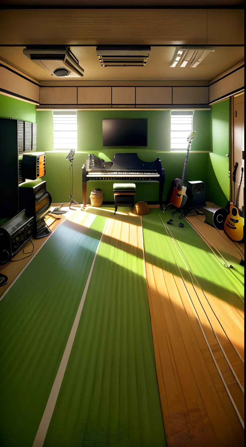 There was a room with a piano, A keyboard, and a tv, Studio floor, backroom background, studio room, studio context, Urban Music Studio, Studio, cinematic studio shot, studio picture, studio setup, studio setup, Studio recording, background artwork, studio shoot, Studio atmosphere, professional studio llghting, green floor, Studio bones, backrooms, personal room background，Colorful colorful