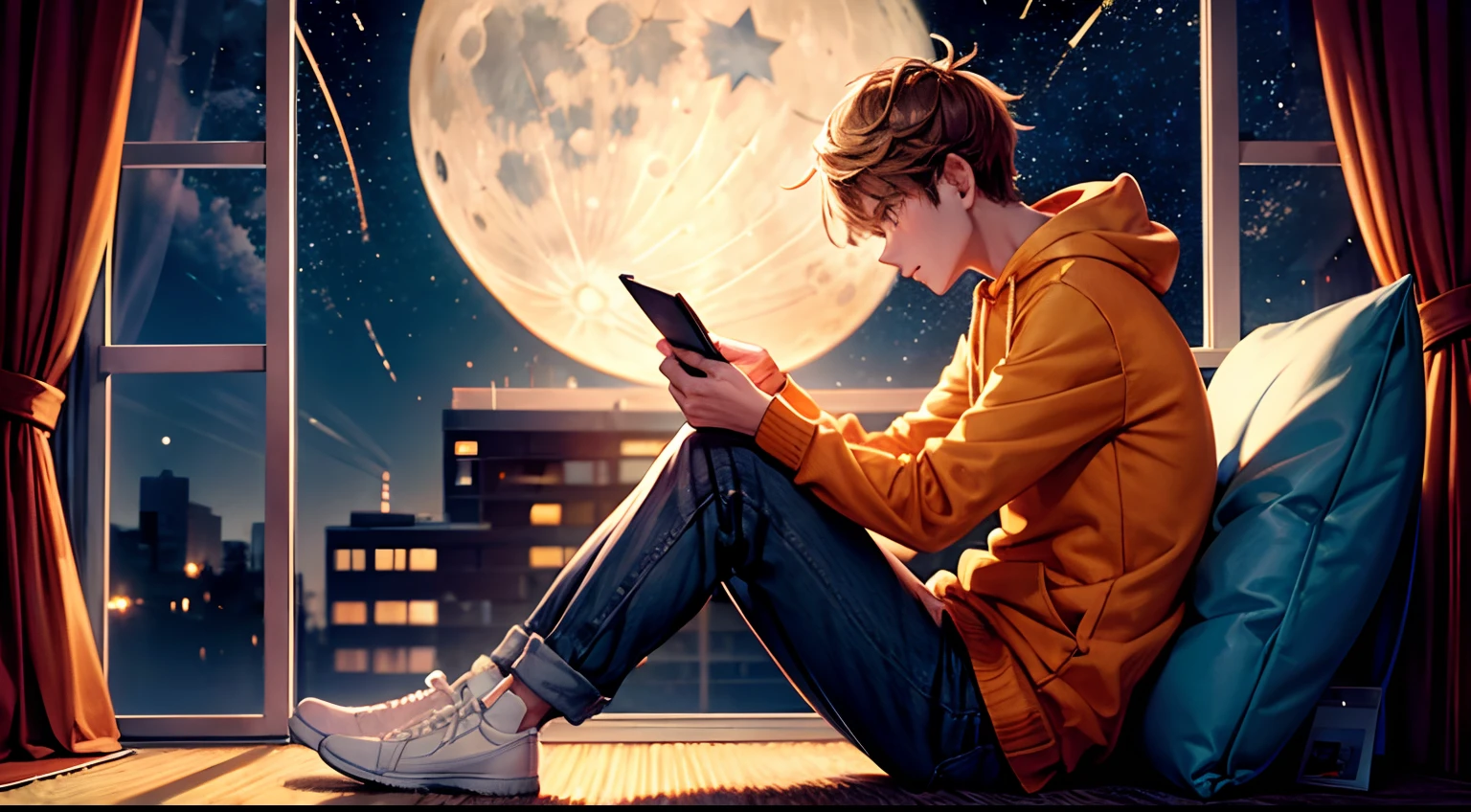 natta,Boy studying in orange light,profile,full body Esbian,Sitting in a chair,Hoodies and sweatshirts,Moon and stars outside the window,Swaying curtains