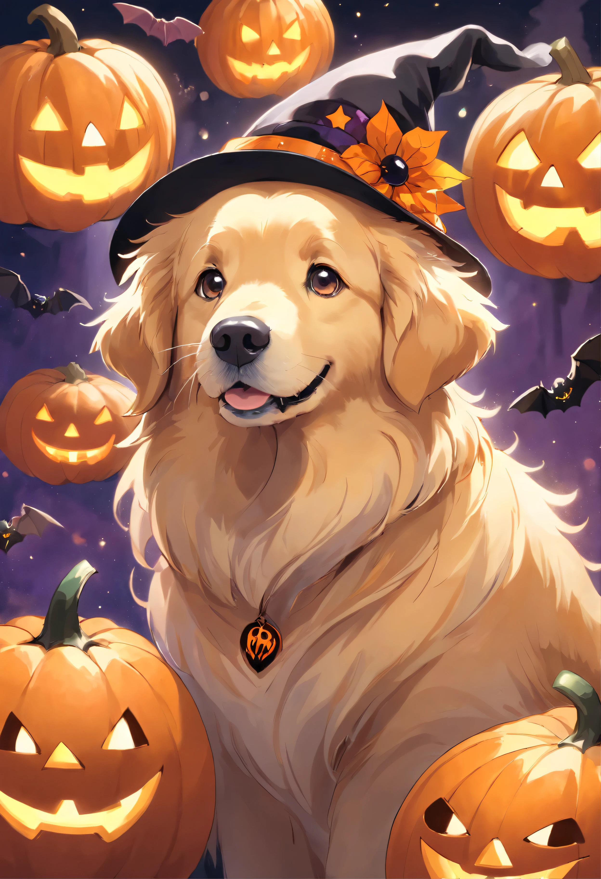 (a Golden Retriever wearing Halloween costumes),oil painting,detailed fur texture,expressive eyes and facial features,festive background,playful and mischievous pose,(best quality,high-res,detailed:1.2),(realistic,photorealistic:1.37),colorful palette,pumpkins and bats decorations,soft and warm lighting