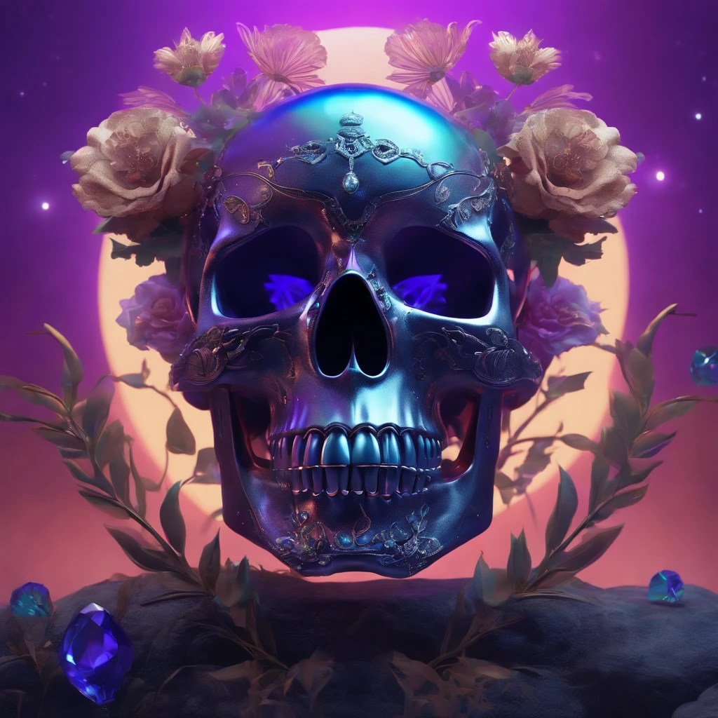 "Imagine a mysterious skull, adorned with intricate designs that dance across its surface. On it, 3D sculpted roses stand out, displaying a delicate, almost palpable texture. The petals appear in contrast to the cool colors that dominate the scene. Interlaced leaves create shapes that resemble a ballerina. The scenery is painted in shades of deep blue and enigmatic purple, revealing subtle reflections and a delicate light filtered through the shadows. In this composition, the duality between shadow and beauty creates a unique harmony, awakening the senses and inviting reflection on the mysteries of human existence." --auto --s2