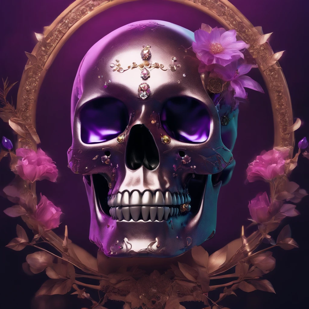 a futuristic skull with glowing eyes and a purple background,skull head made up of crystal and jewels,Flowers and leaves,branch,A crystal skull with crystal clarity,bloomcore skull with flowers,afrofuturism head,Art nouveau Transparent skull human head,cosmos,decopunk,cyberpunk pearls and jewels art by android jones, behance contest winner, computer art, darksynth vaporwave, rendered in cinema 4 d,fine art photography