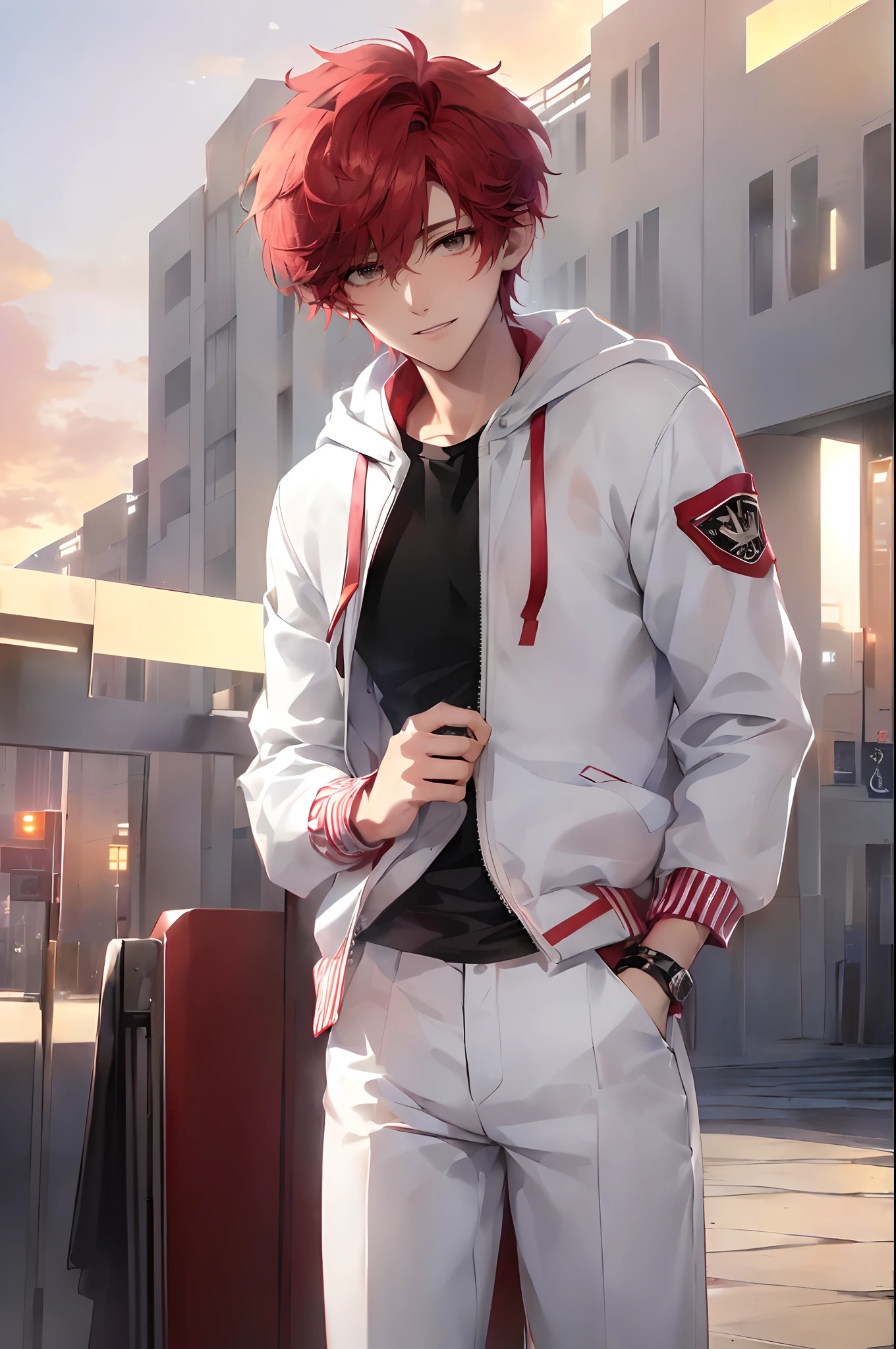 (4K works))、masterpiece、(top-quality)、((Evening city))、((In front of the main gate of the workplace))、((In front of the main gate of the building))、View of the sunset、Korean Male、Adult male、((Adult male 26 years old))、((Face similar to Hyun Jin))、Cool Men、tall、((Gentle smile))、((Strong eyes))、((Wearing a black T-shirt and a white hooded jacket、Wearing long white pants))、((smaller face))、Slim body、((hooligan))、((rather short hair of bright red color,))、((rather short hairstyle above the ears,))、((Pretty short punk hairstyles))、((Black eyes))、((shot from front))、((Shot alone))、((Solo Photography))、((He came to pick me up))、((He stands in front of the main gate of the building))