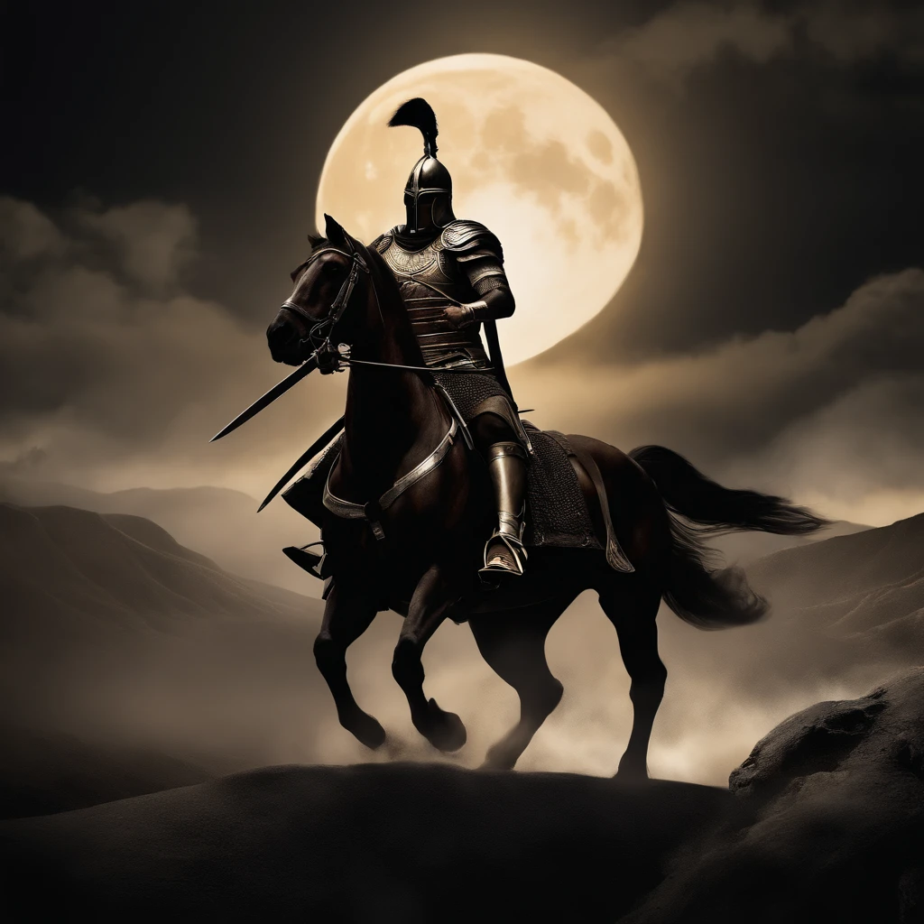 Create a scene that portrays a muscular and valiant Greek warrior, fighting with determination despite his wounds, all under the dim light of the moon. The gleam of sweat on his tense muscles reflects the intensity of the conflict on the battlefield. With a stoic expression etched on his face, he wields his sword in a defensive stance, ready to face any challenge in the darkness. The surroundings are imbued with a sense of urgency and danger, with the nighttime countryside revealing the rawness of the battle, while the shadows cast by the moonlight highlight the warrior's unwavering resolve.