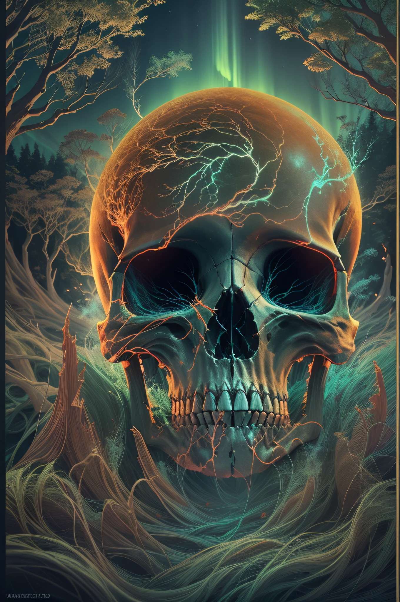 3D aurora skull diagram, Below is a forest, away looking,Skysky,brilliant colorful!Horror thriller movie poster,psychedelic style. ((Best quality,4K,8K,A high resolution,Masterpiece:1.2)),((super ultra detail)).