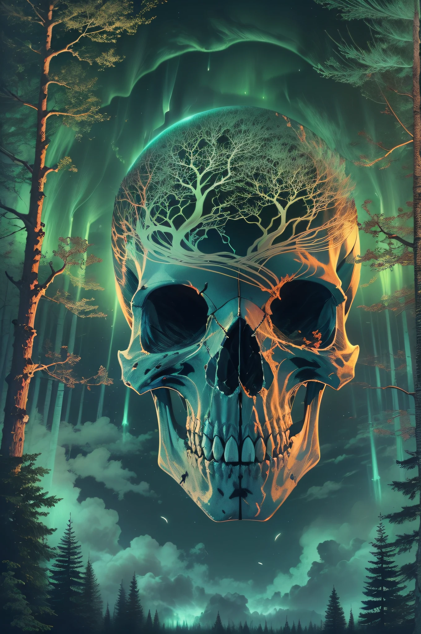 3D aurora skull diagram, Below is a forest, away looking，Skysky，brilliant colorful！Horror thriller movie poster,psychedelic style. ((Best quality,4K,8K,A high resolution,Masterpiece:1.2)),((super ultra detail)).