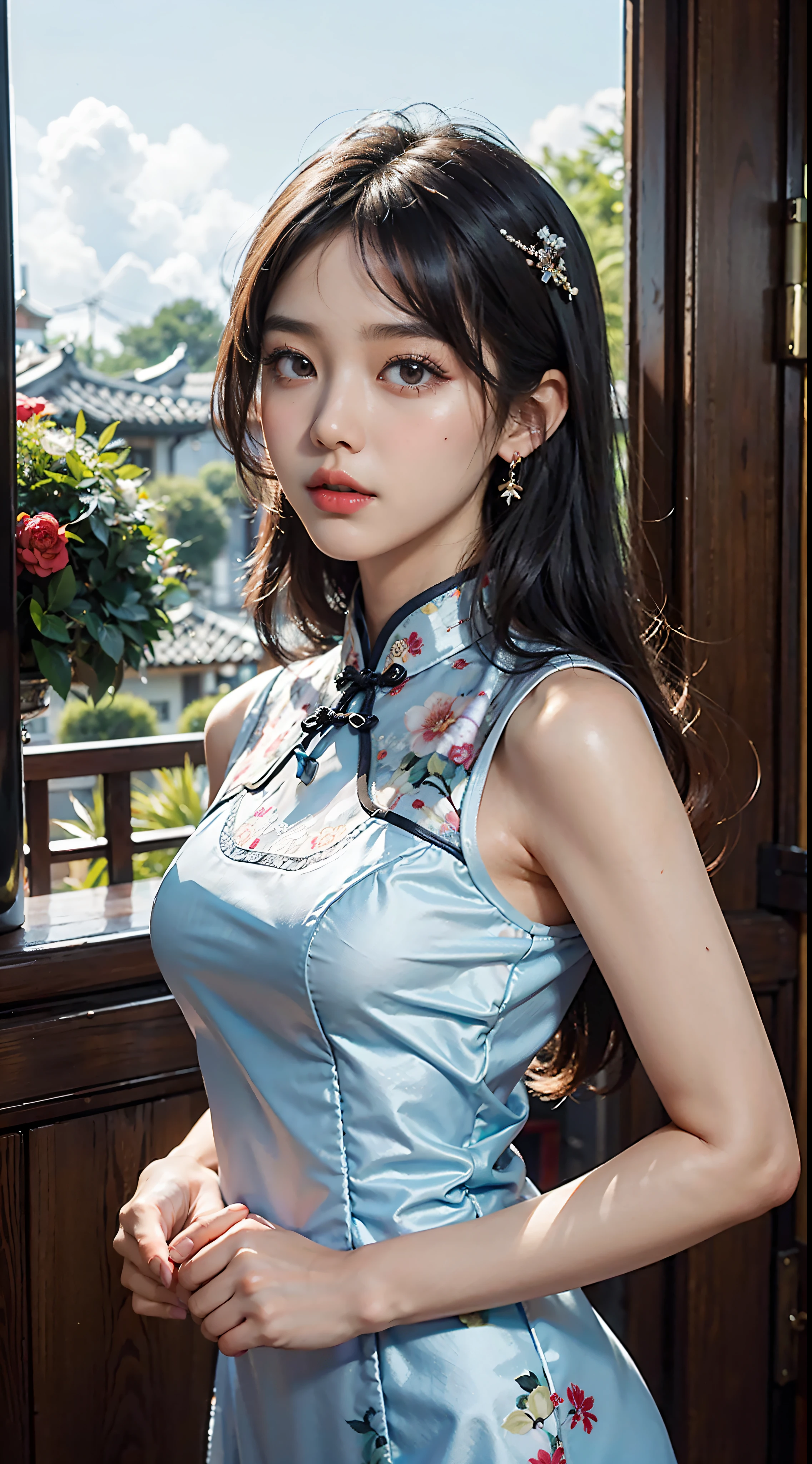 Araffe asian woman in a blue dress posing for a picture - SeaArt AI