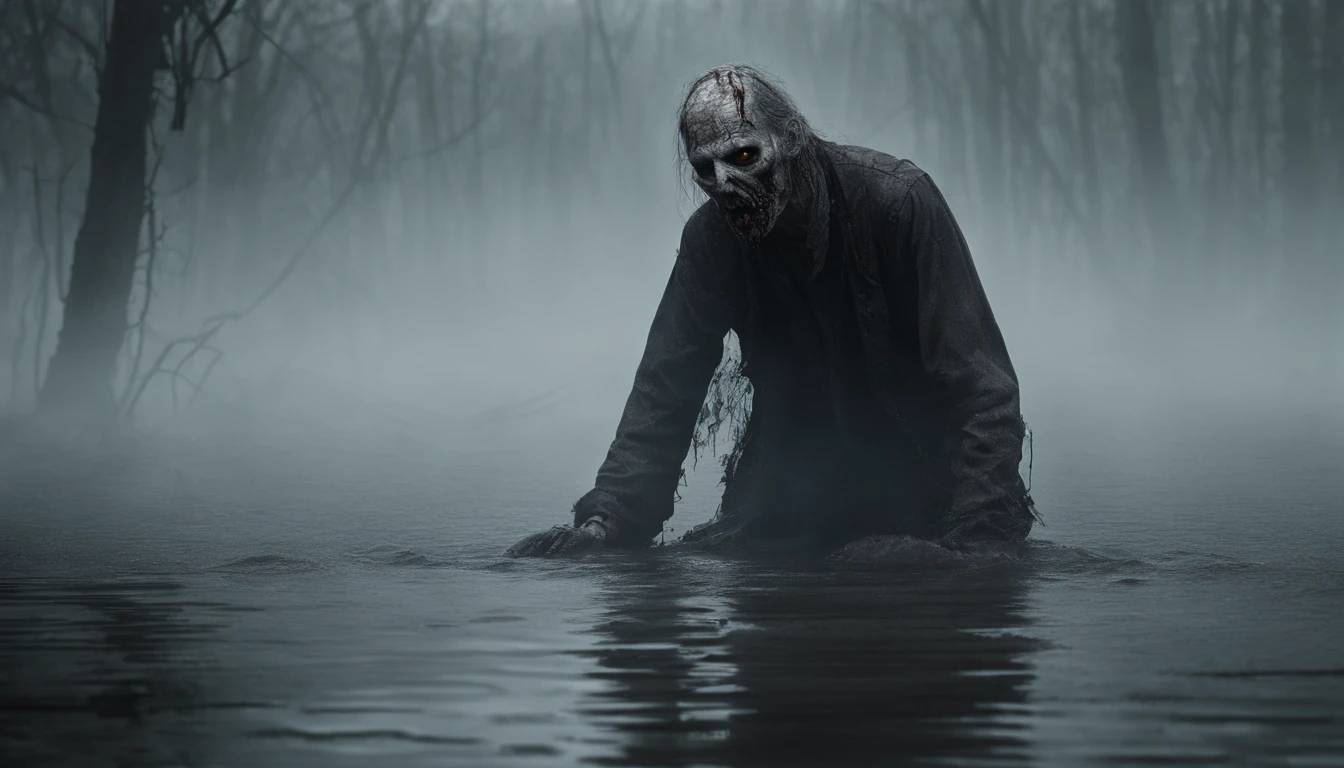 zombified man crawling out the water in a foggy marsh, horror movie, cinematic look, creepy aesthetic, ultra detailed, photorealistic, masterpiece.