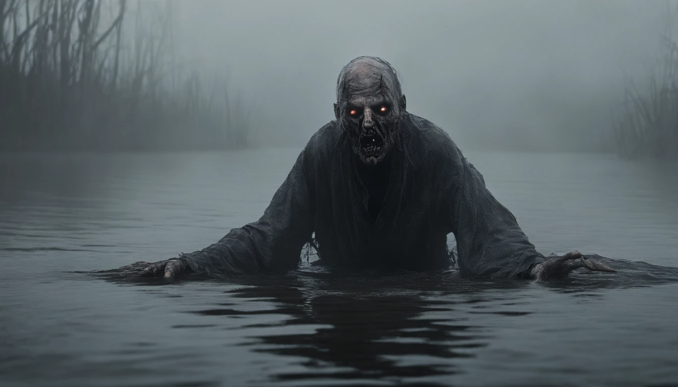 zombified man crawling out the water in a foggy marsh, horror movie, cinematic look, creepy aesthetic, ultra detailed, photorealistic, masterpiece.