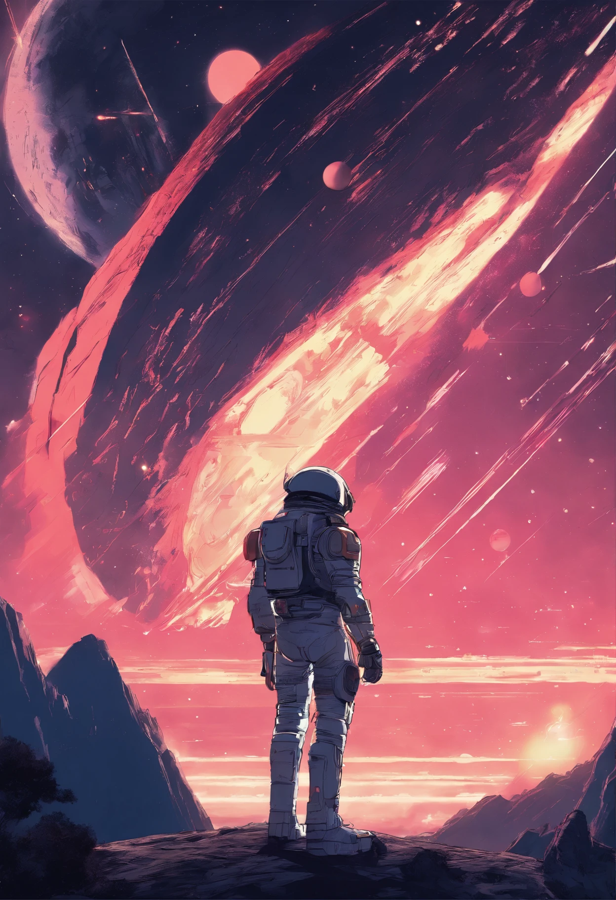Anime-Typ, der auf dem Boden sitzt und den Planeten betrachtet, Weltraum-Cowboy, Cyber-Weltraum-Cowboy, inspiriert von Josan Gonzalez, Makoto Shinkai ( Apex-Legenden ), Akira Kunststil, Ross Tran Stil, Akira-Vibes, Akira-Kunststil, schwebend neben Planeten, Josan Gonzales, Sci-Fi-Kunst!!!!!!!, Josan Gonzales!!!, im Weltraum, Moderner Sci-Fi-Anime