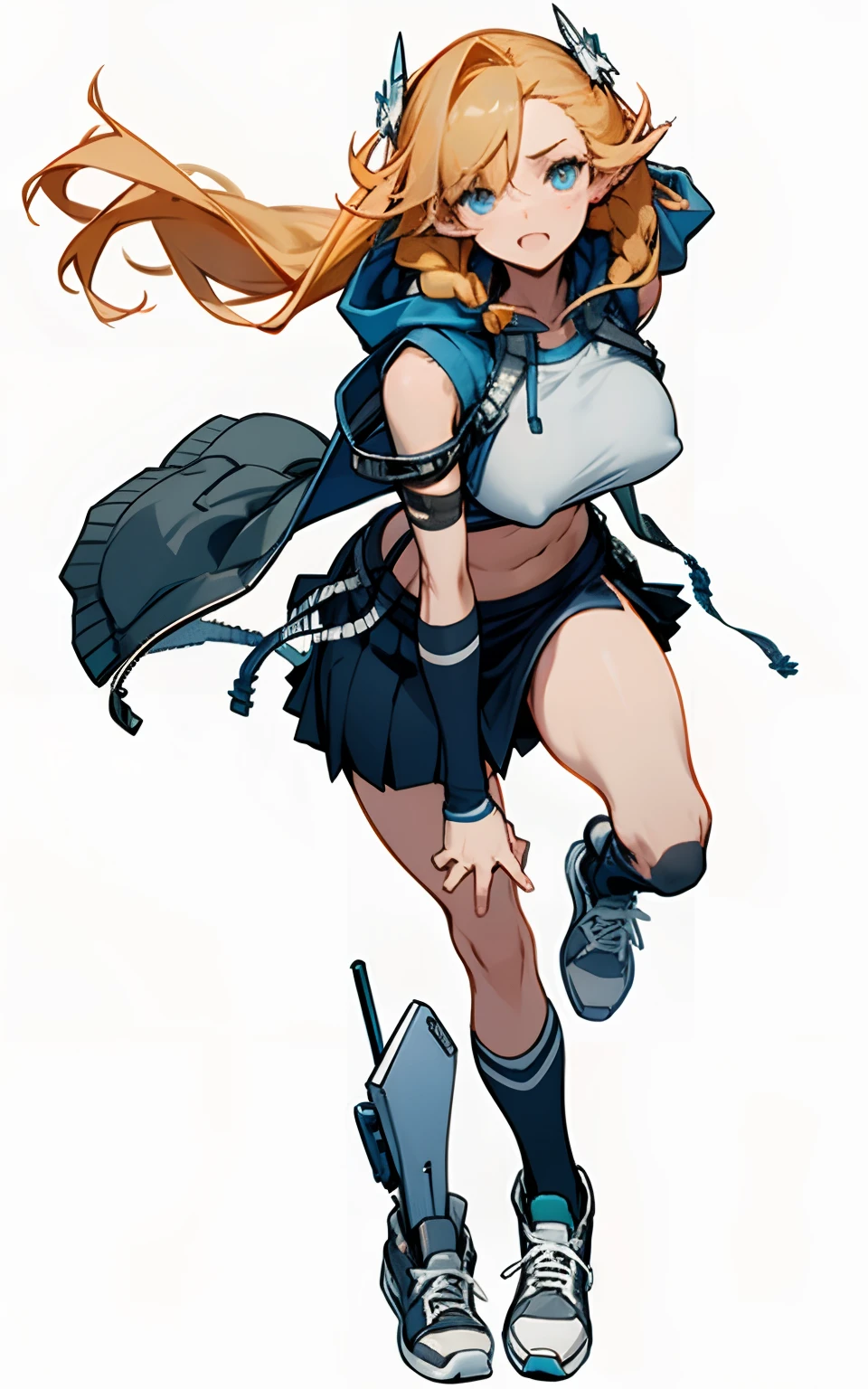 Bigboobs,cropped shoulders,knee length socks,pleatedskirt,athletic sneakers,hoody,Stand up