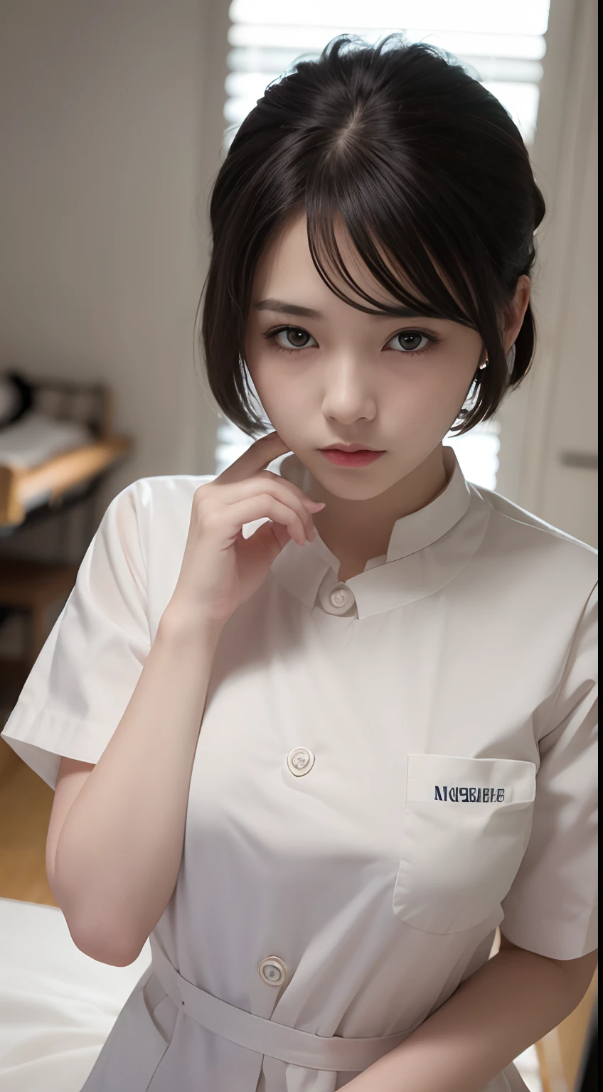 Cinematic Lens, Centered, Cinematography, Intricate details, meticulously crafted, Magnificent, Maximum Detail, Extremely beautiful, Realistic, (((1girl in, Solo))), 18 years old, Short hair, Black hair, (((Center))), white nurse uniforms,hospitals