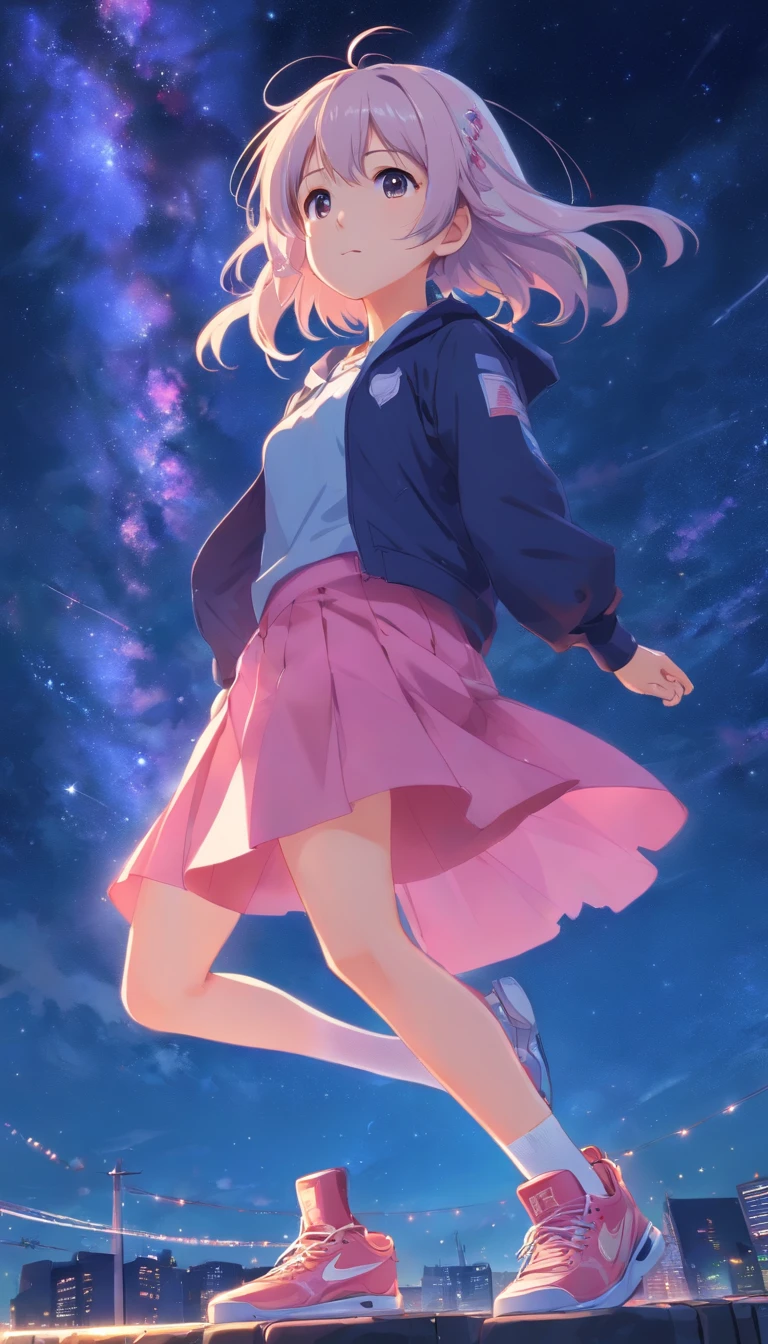 best qualtiy, tmasterpiece, 超高分辨率, realisticlying, 1 girl,(long white hair),Heterochromic pupils,(ssmile)(JK skirt), Pink stockings,athletic sneakers,Fantastic starry sky,looking at the stars,wide angles