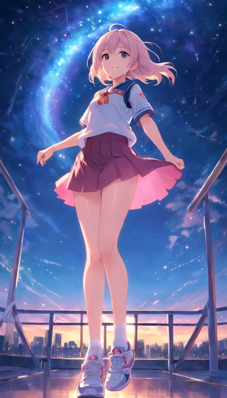 best qualtiy, tmasterpiece, 超高分辨率, realisticlying, 1 girl,(long white hair),Heterochromic pupils,(ssmile)(JK skirt), Pink stockings,athletic sneakers,Fantastic starry sky,looking at the stars,wide angles