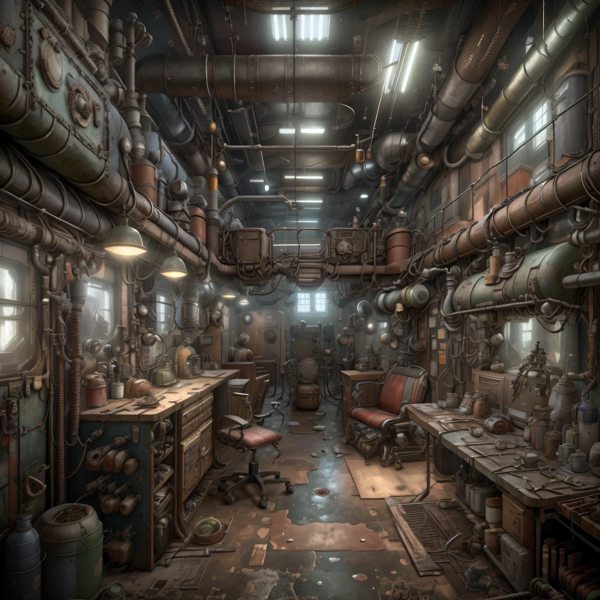 Dieselpunk AI:Spacious Double decker repair room,(Photorealistic:1.2),(depth of fields)