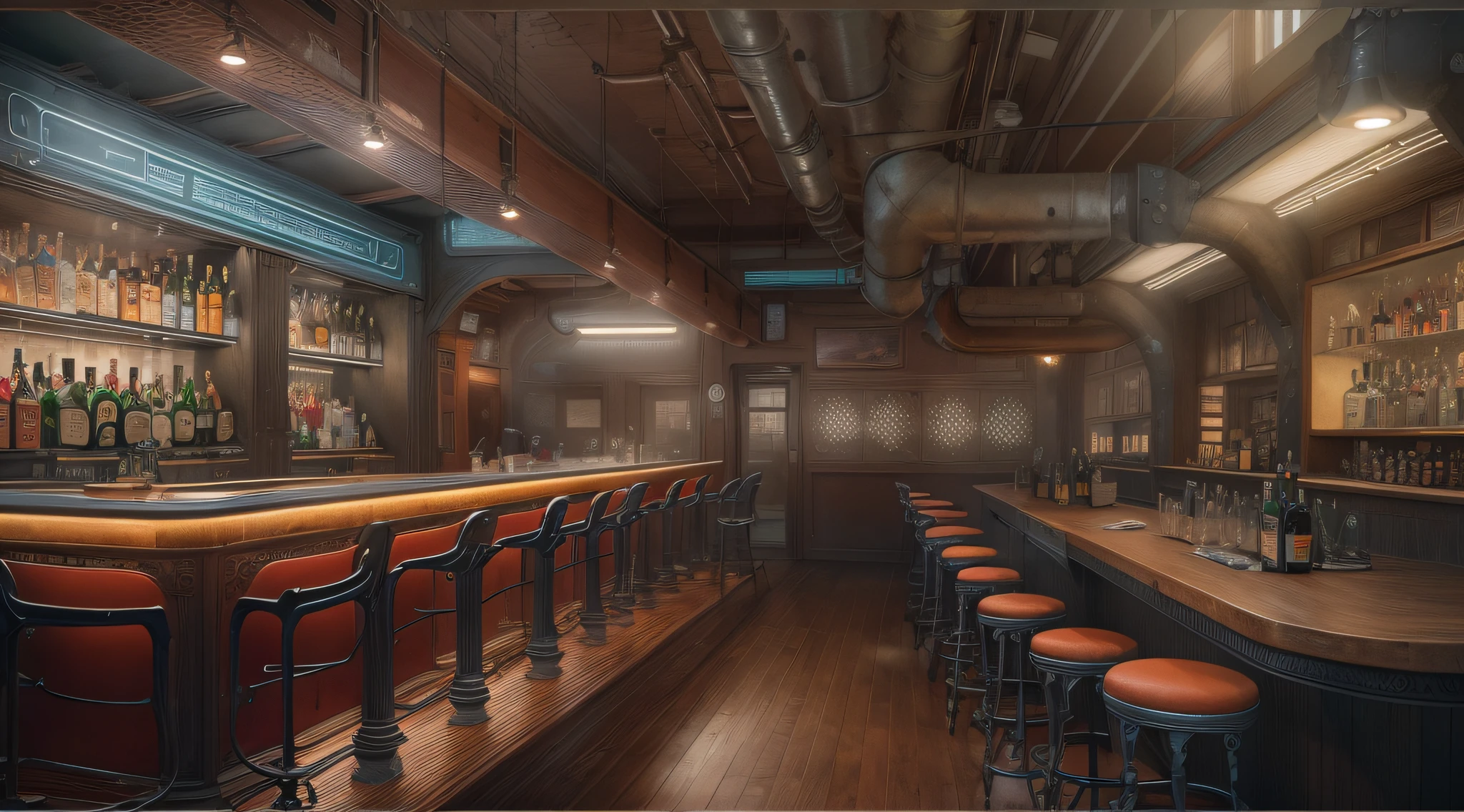 Dieselpunk AI:Spacious Double decker Unmanned Bar,(Photorealistic:1.2),(depth of fields)