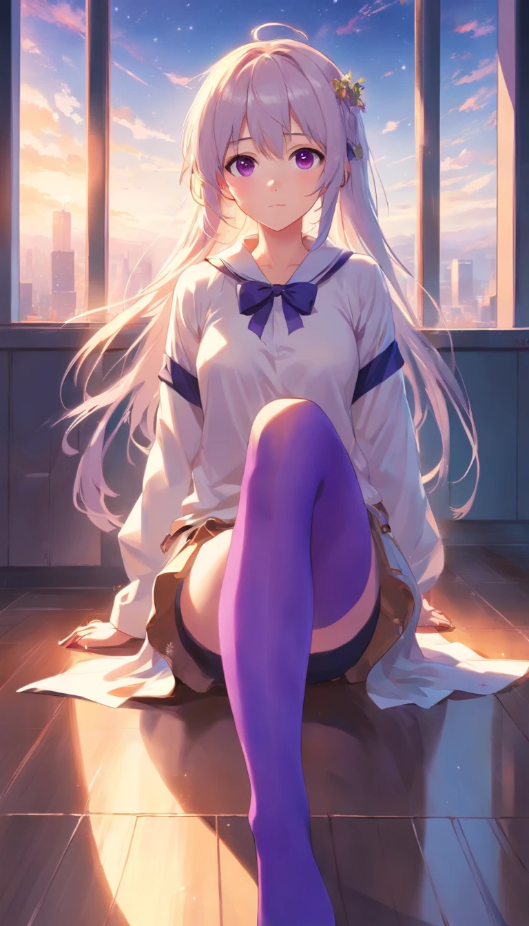 best qualtiy， tmasterpiece， 超高分辨率， realisticlying， 1 girl， long  white hair，Heterochromic pupils，see through shirt，（slightly drunken expression），（Stick out your tongue），（winking）（M-legs）Bottoms purple stockings，Morning glow，wide angles