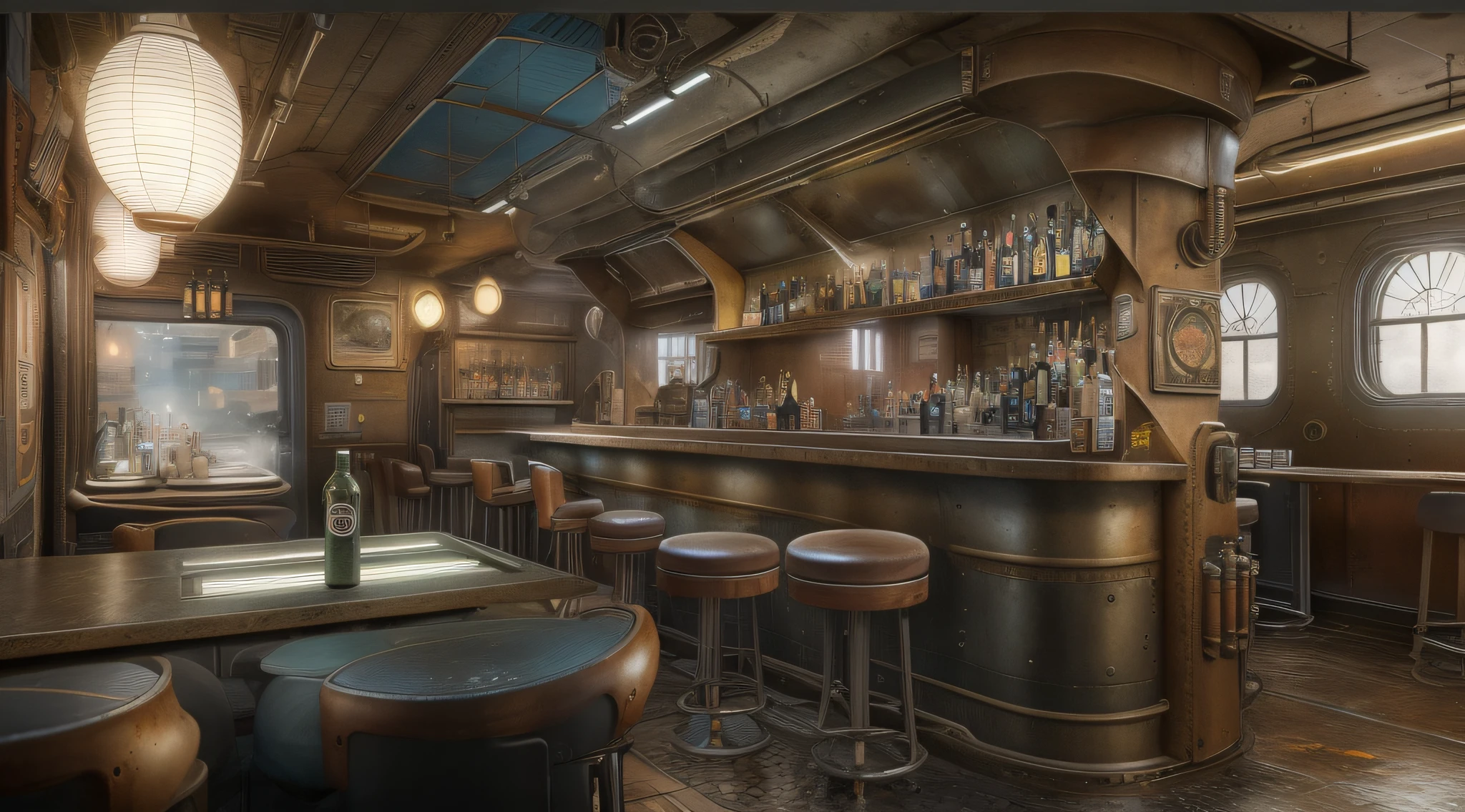 Dieselpunk AI:Spacious Double decker repair room,(Photorealistic:1.2),(depth of fields),((Best quality,4K,8K,A high resolution,Masterpiece:1.2)),