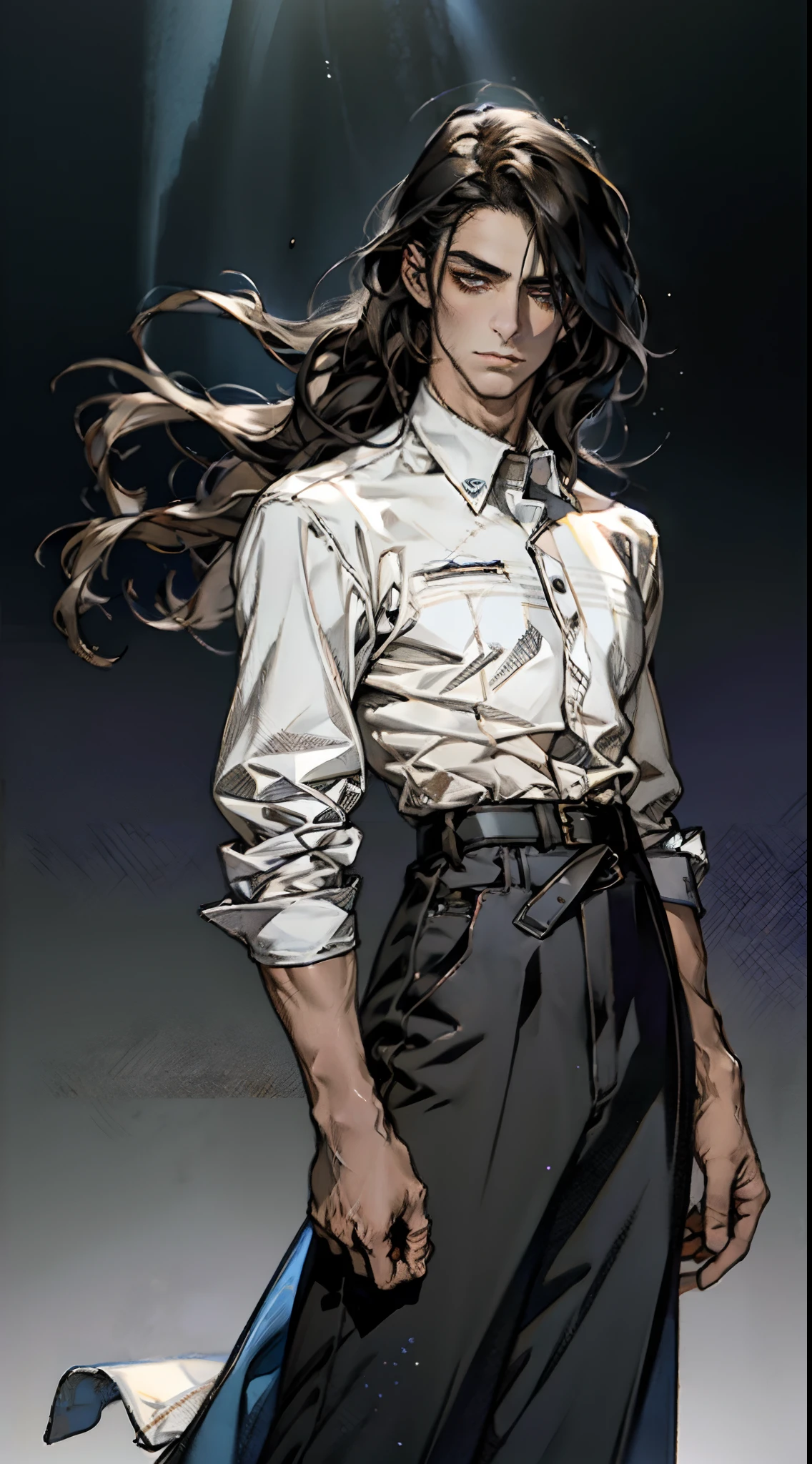 A young man with indigo long hair, long and straight hairstyle, looks up, a gentle expression, a tender gaze, a two-piece fantasy-realism style outfit, knitted shirt over a dark fitted undershirt, belted at the waist, long flowing hemline, matching trousers, the background shows a medieval fantasy-style street with snowflakes falling, this character embodies a finely crafted fantasy-realism in anime style, characterized by an exquisite and mature manga illustration art style, high definition, best quality, highres, ultra-detailed, ultra-fine painting, extremely delicate, professional, anatomically correct, symmetrical face, extremely detailed eyes and face, high quality eyes, creativity, RAW photo, UHD, 8k, Natural light, cinematic lighting, masterpiece-anatomy-perfect, masterpiece:1.5