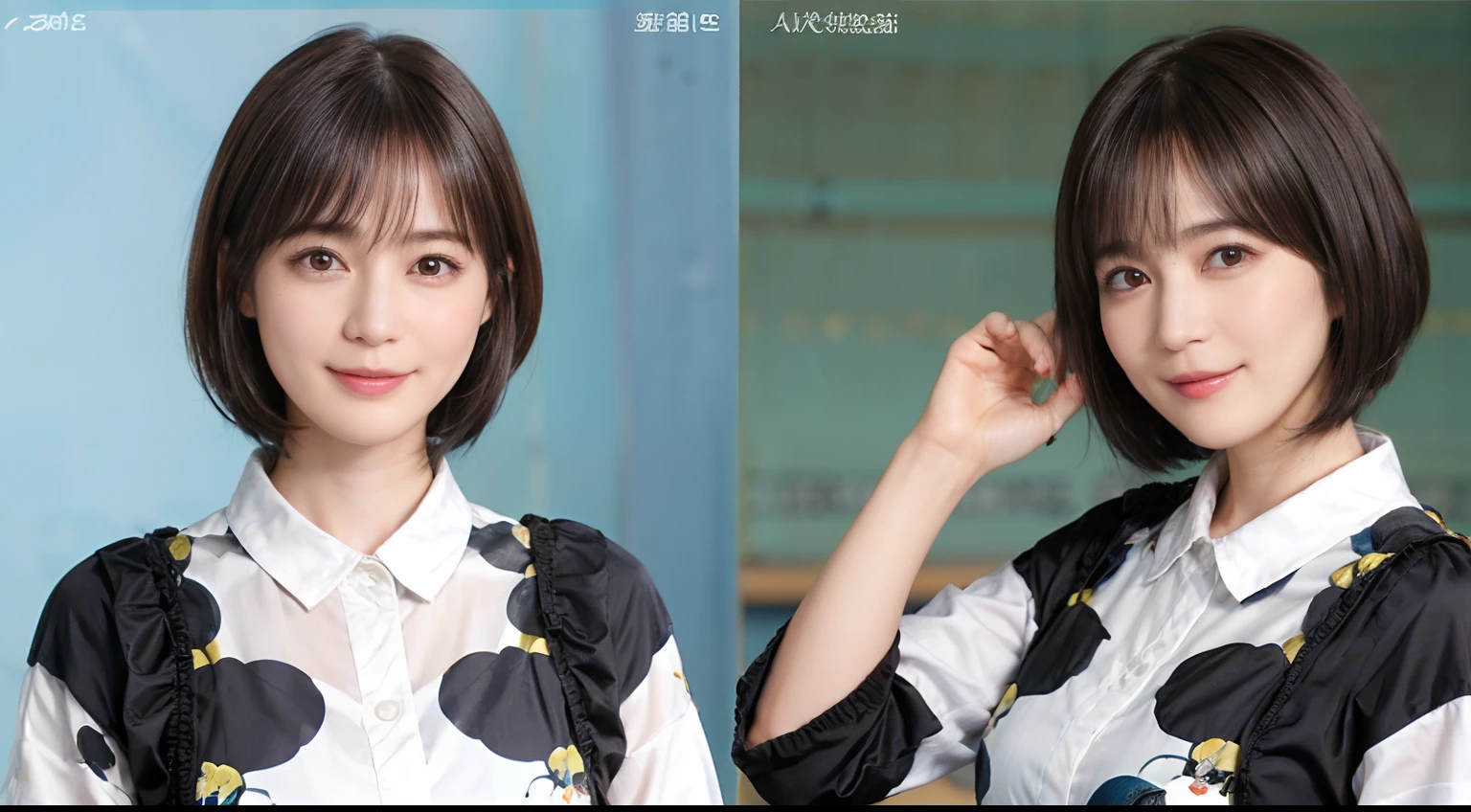 59
(a 20 yo woman,is standing), (A hyper-realistic), (masutepiece), ((A dark-haired、short-hair:1.3)), (Breast), kindly smile, (Clothing printed with animal characters)