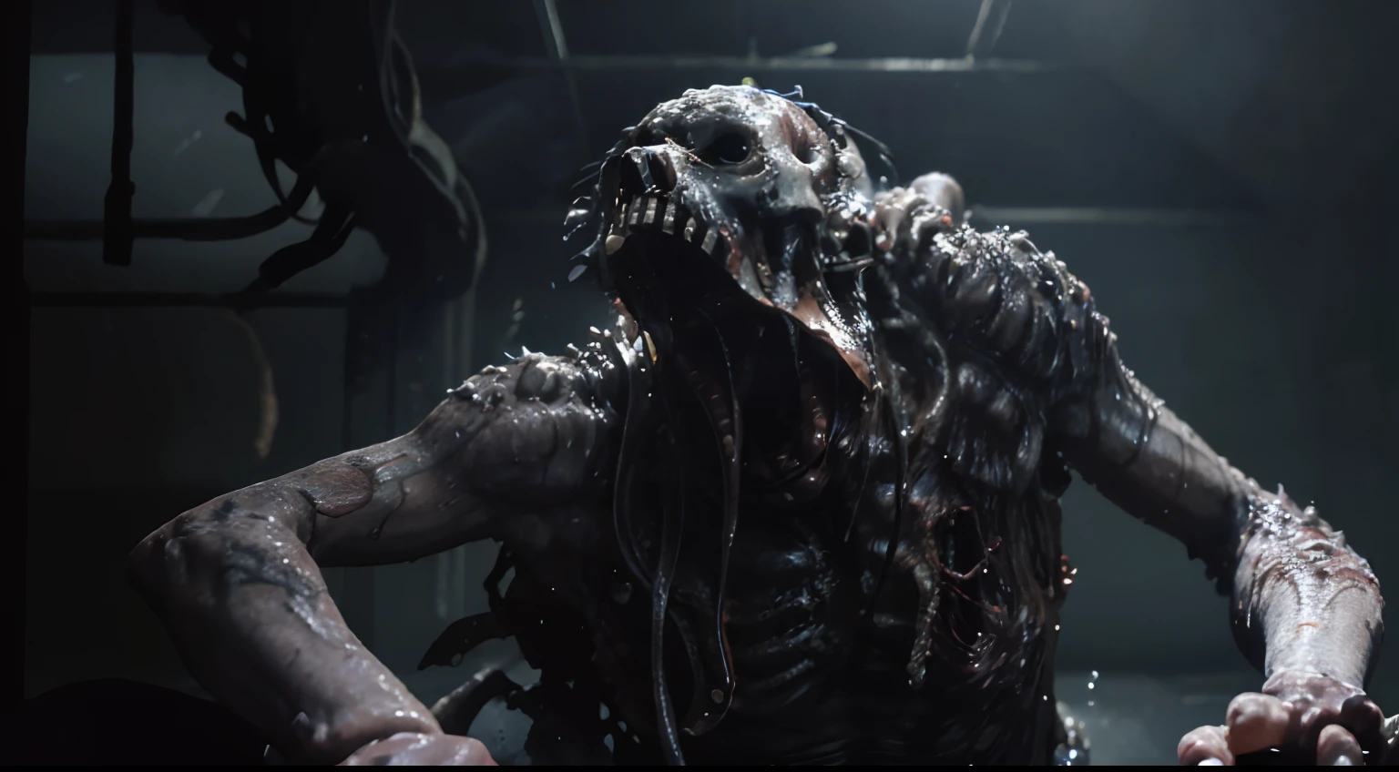 skull faced monster crawling in an abandoned factory, horror sci fi, cinematic look, creepy sci fi aesthetic, ultra detailed, photorealistic, masterpiece.