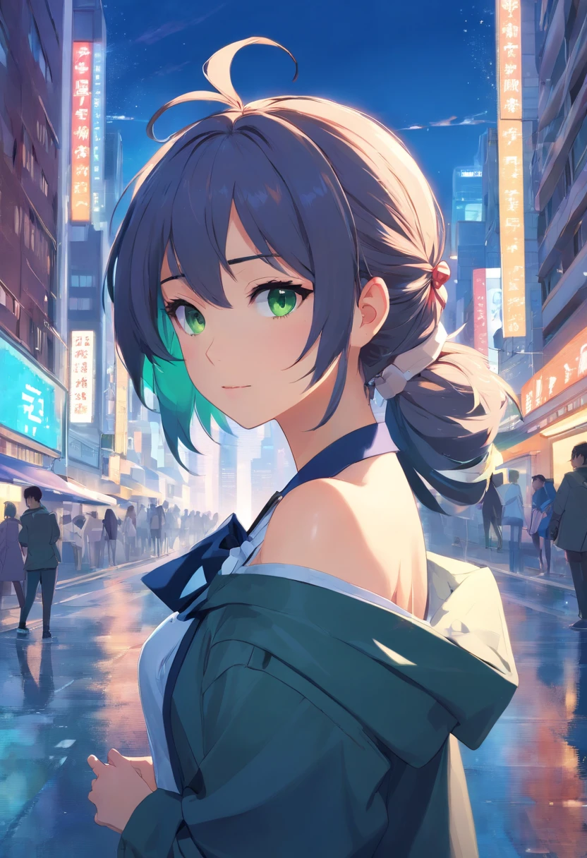 (Masterpiece, Best quality), Intricate details, 8K, art  stations, the wallpaper, offcial art, Splash Art, Sharp focus,, 1girll, long whitr hair, Single high ponytail, Green eyes, Deep blue hair, ,  ruit, Ice cube background,Ice crystals,  , skyscrapper, City, Buildings, The Car, street,white offshoulder shirt，Dark coat，Bow knot