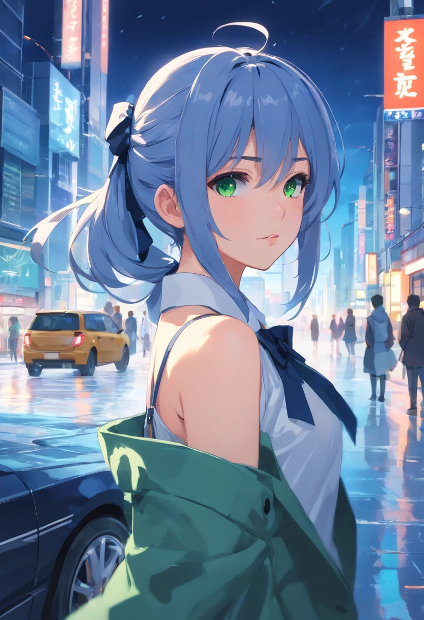 (Masterpiece, Best quality), Intricate details, 8K, art stations, the wallpaper, offcial art, Splash Art, Sharp focus,, 1girll, long whitr hair, Single high ponytail, Green eyes, Deep blue hair, , ruit, Ice cube background,Ice crystals, , skyscrapper, City, Buildings, The Car, street,white offshoulder shirt,Dark coat,Bow knot