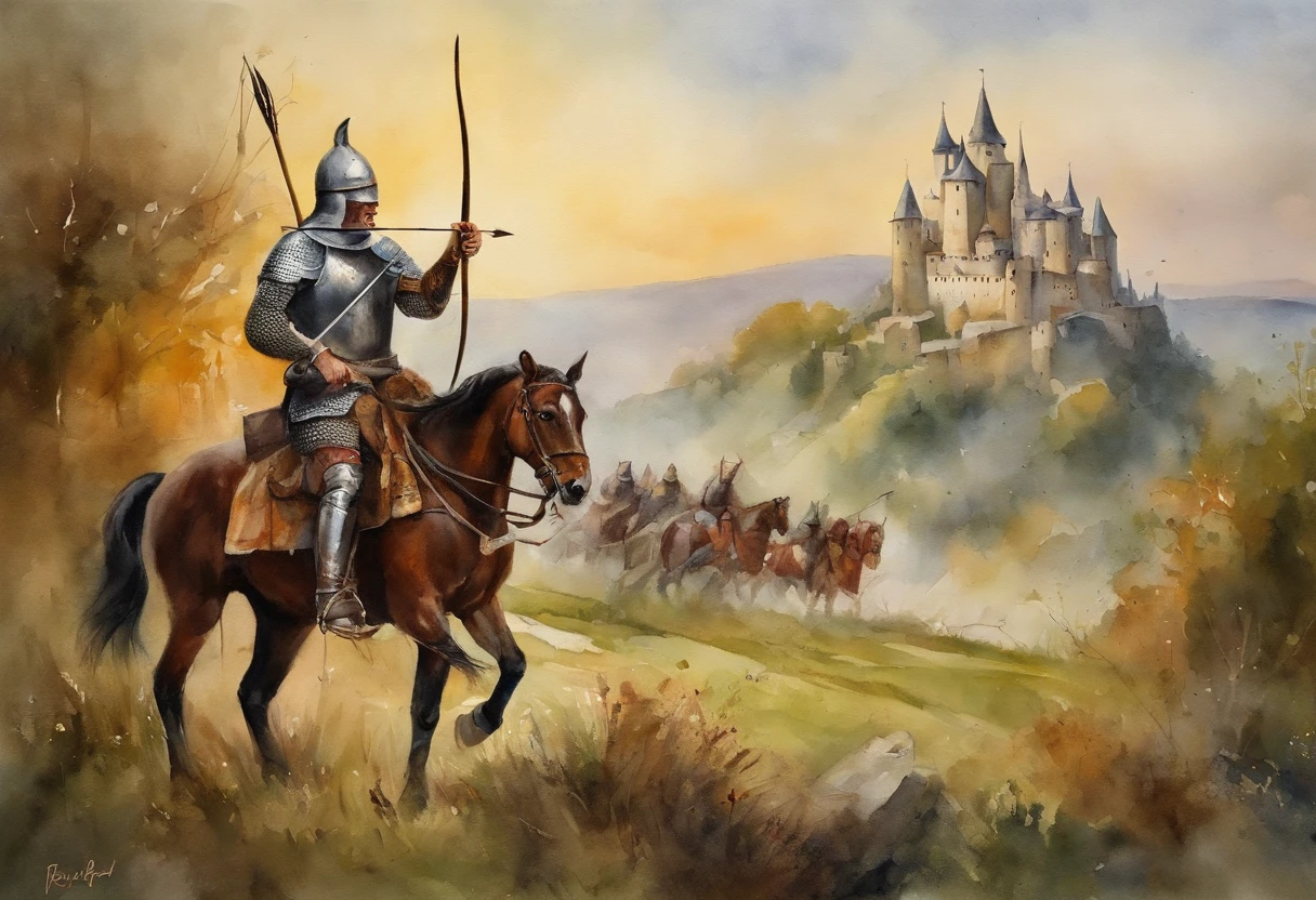In the style of medieval oil painting，Medieval archers，English longbowmen，A plate armored knight armed with an air riding gun against a longbowman，Medieval army，a medieval castle，Western European feudalism，The flag，archers，Robin hood，archer